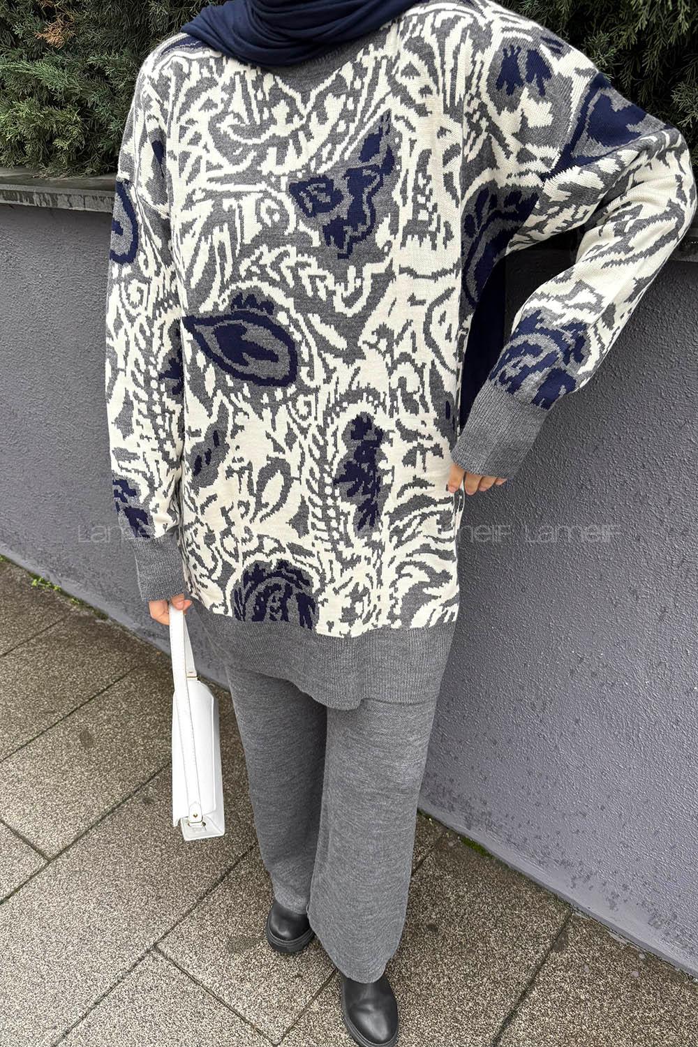 Lamelif Desenli Triko Takım Gri