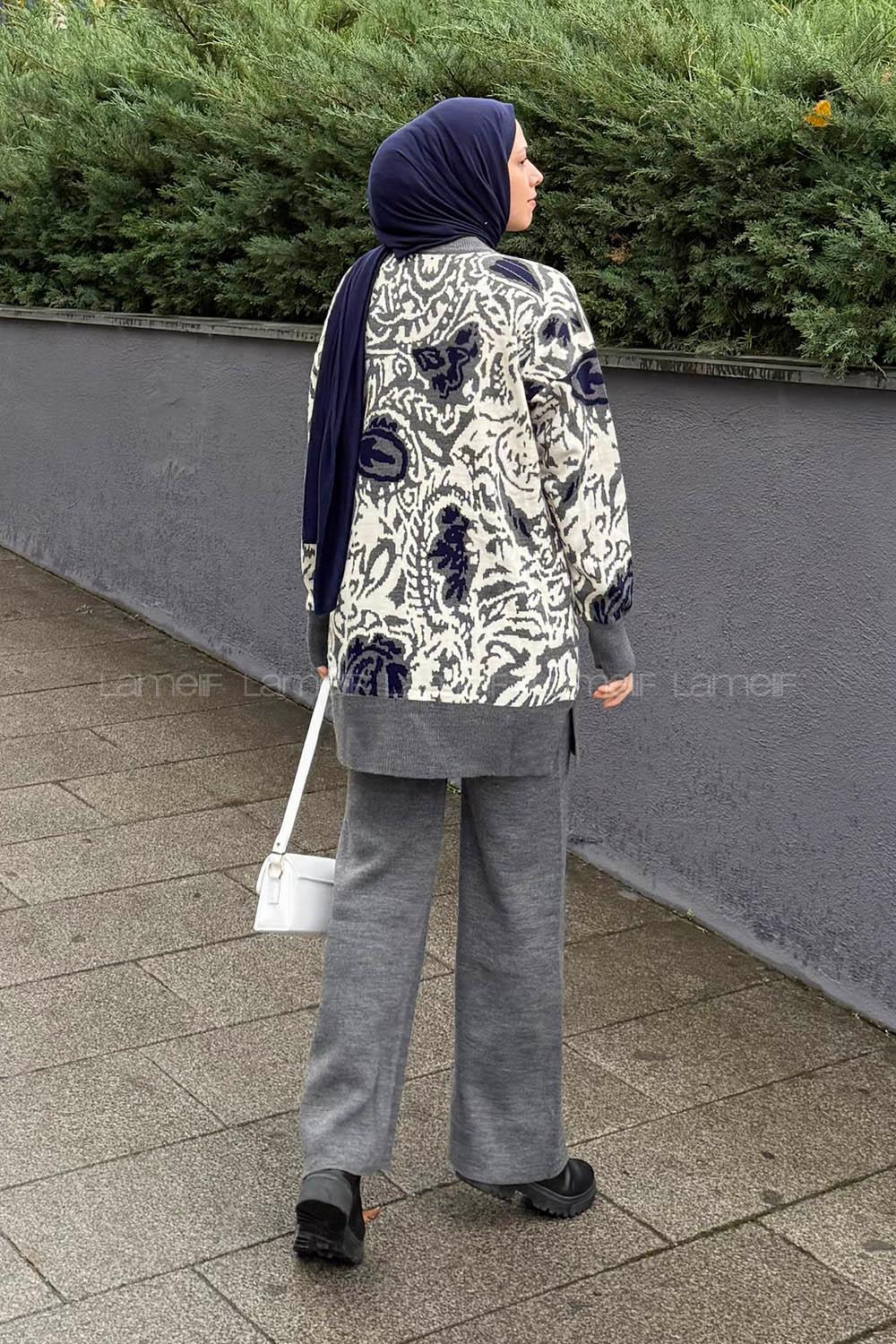 Lamelif Desenli Triko Takım Gri