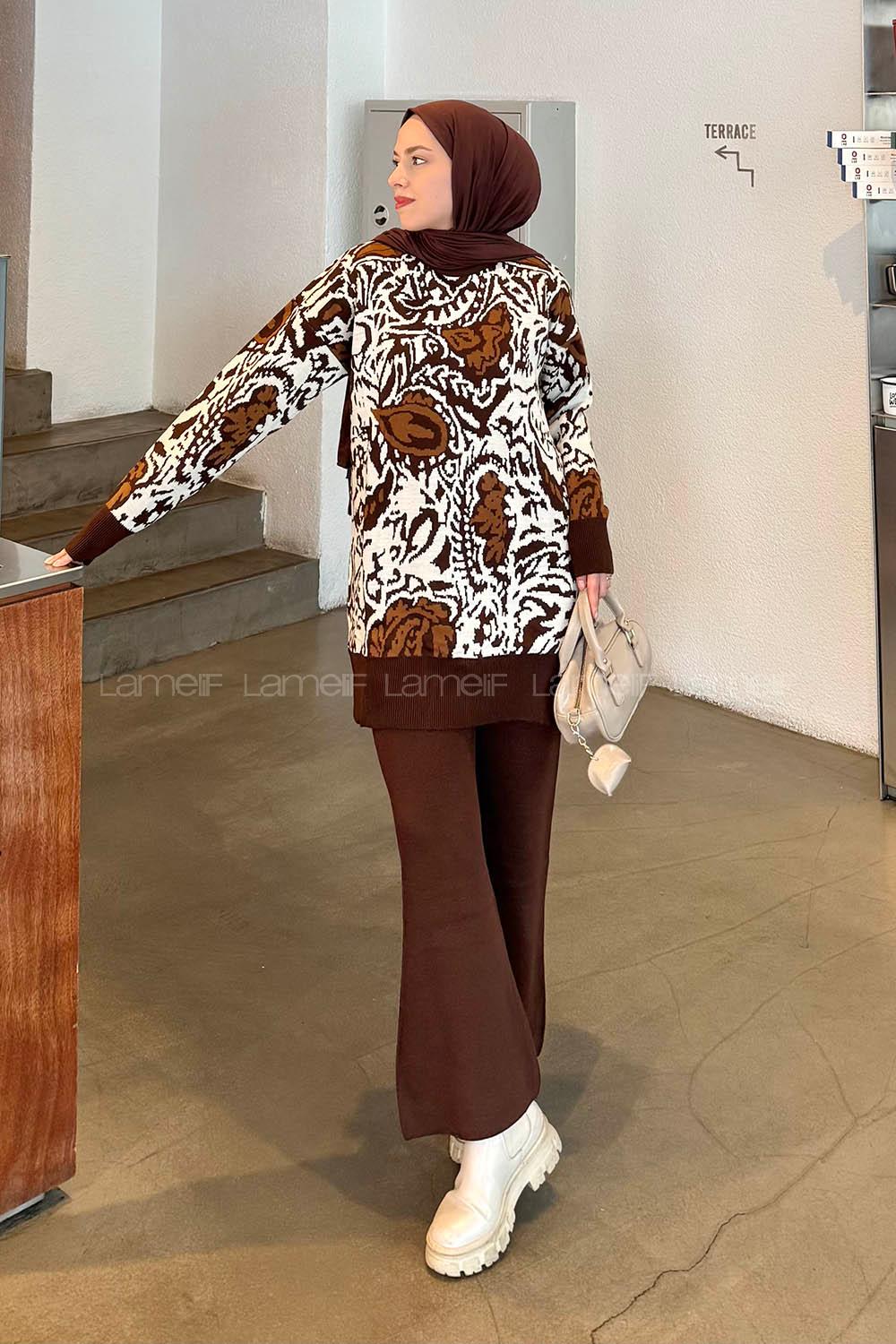 Brown Crew Neck Long Arm Acrylic Regular Trousers Comfortable Suit