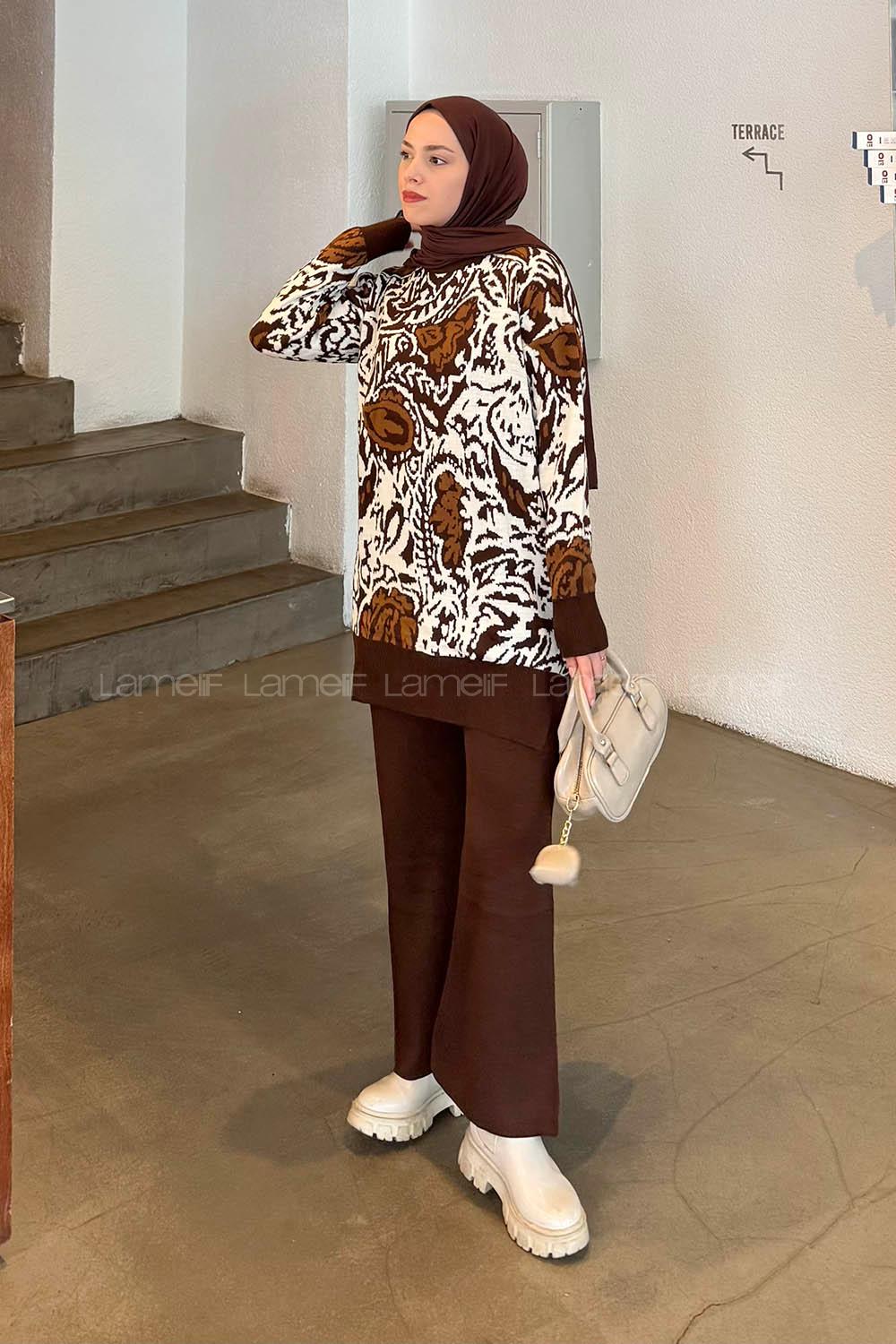 Brown Crew Neck Long Arm Acrylic Regular Trousers Comfortable Suit