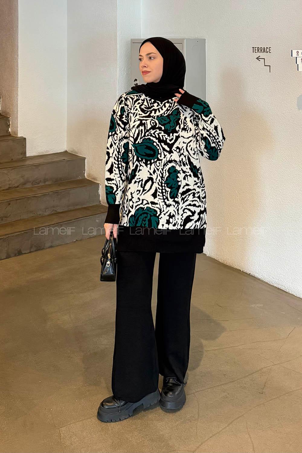 Lamelif Desenli Triko Takım Zümrüt