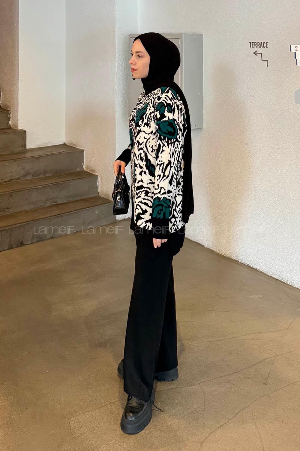 Lamelif Desenli Triko Takım Zümrüt