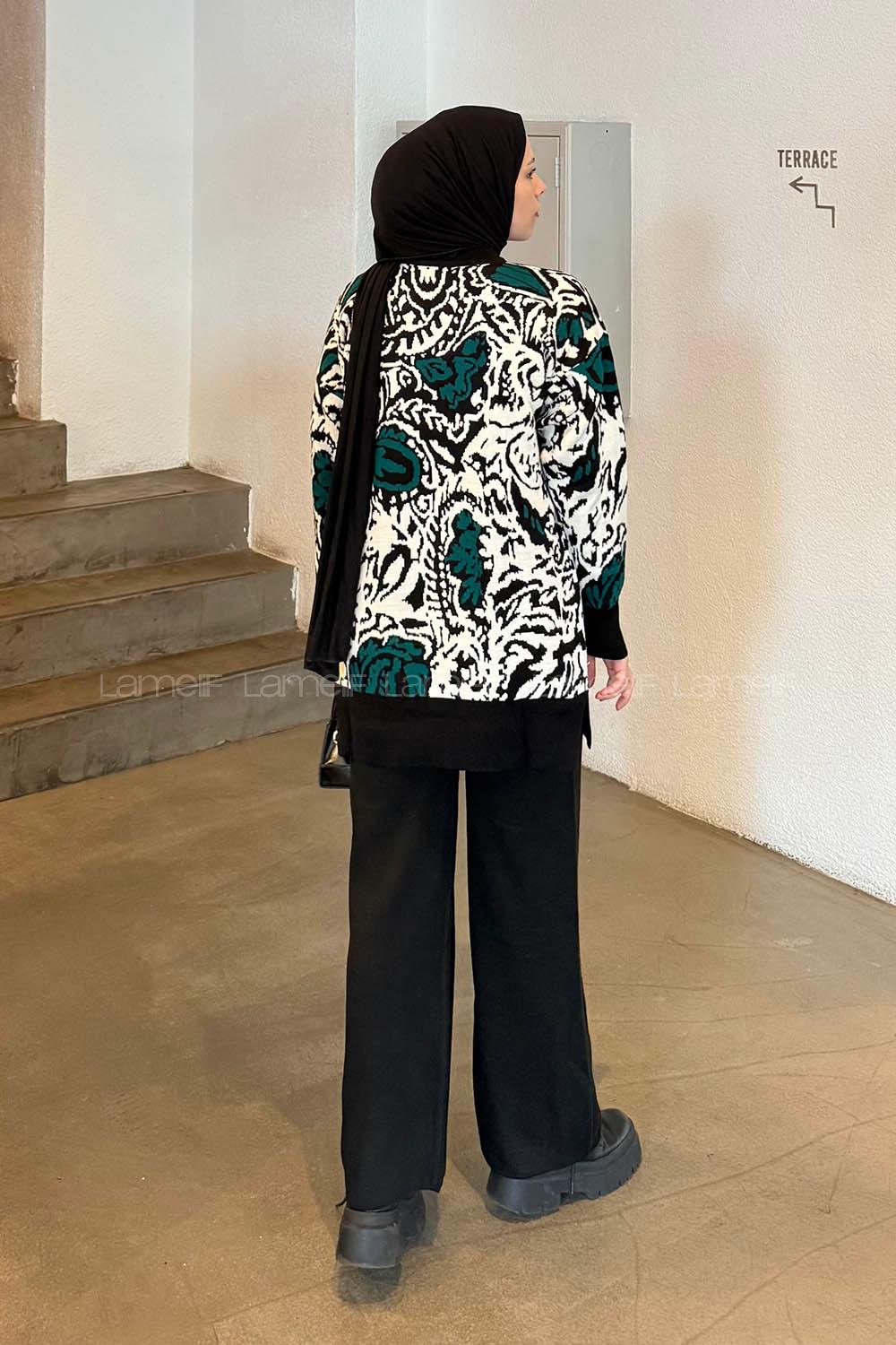 Lamelif Desenli Triko Takım Zümrüt