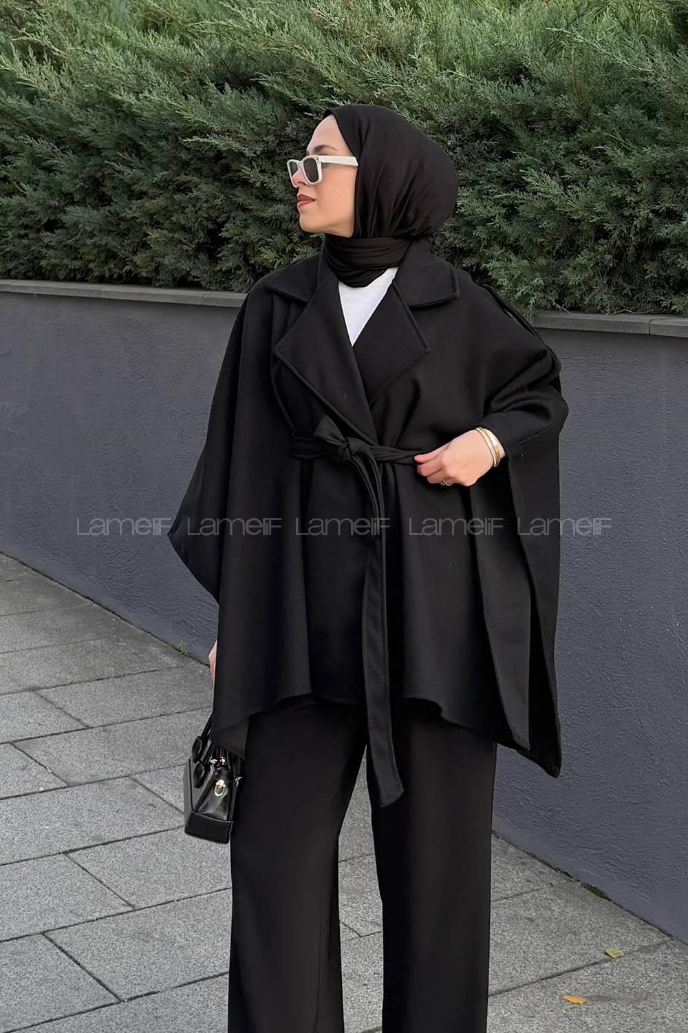 Lamelif Omuz Apoletli Bağlama Detaylı Panço Siyah