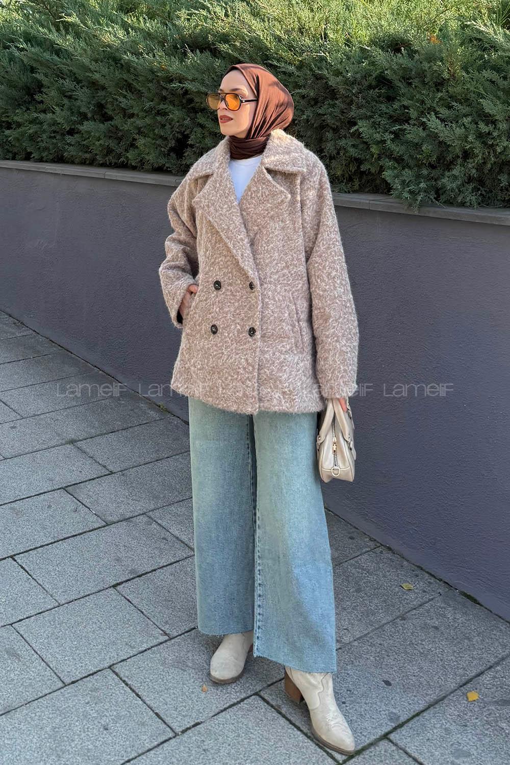 Brown With Milk Jacket Collar Long Arm Coat