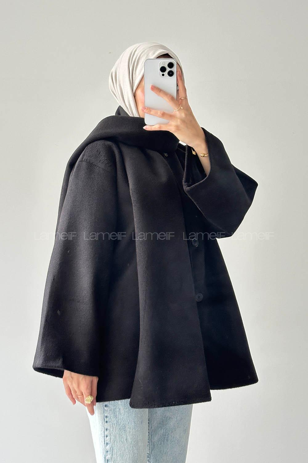 Lamelif Şal Yaka Kaşe Kaban Siyah