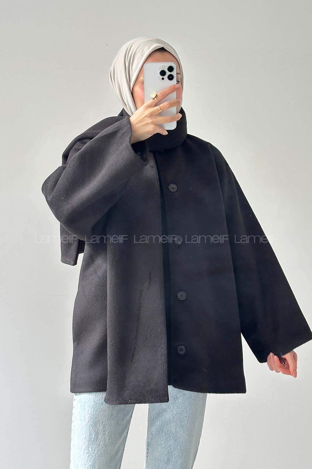 Lamelif Şal Yaka Kaşe Kaban Siyah