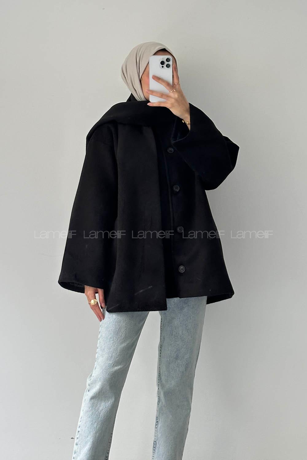 Lamelif Şal Yaka Kaşe Kaban Siyah