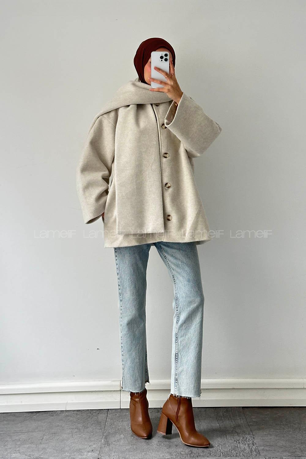 Lamelif Şal Yaka Kaşe Kaban Taş Rengi