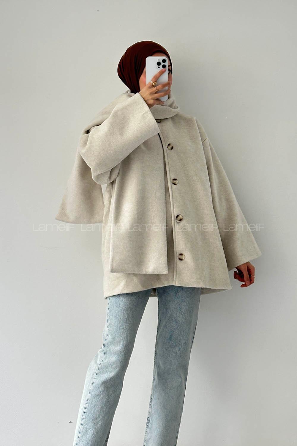 Lamelif Şal Yaka Kaşe Kaban Taş Rengi