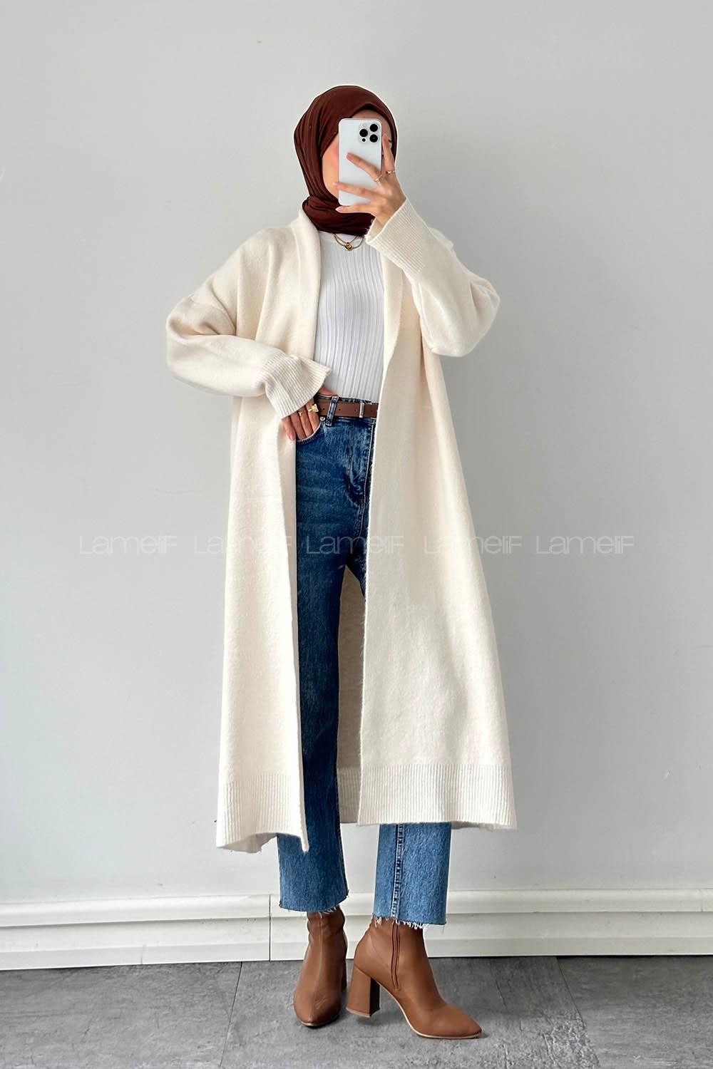 Natural Scarf Neck Long Arm Acrylic Knitwear Polyester Cardigan