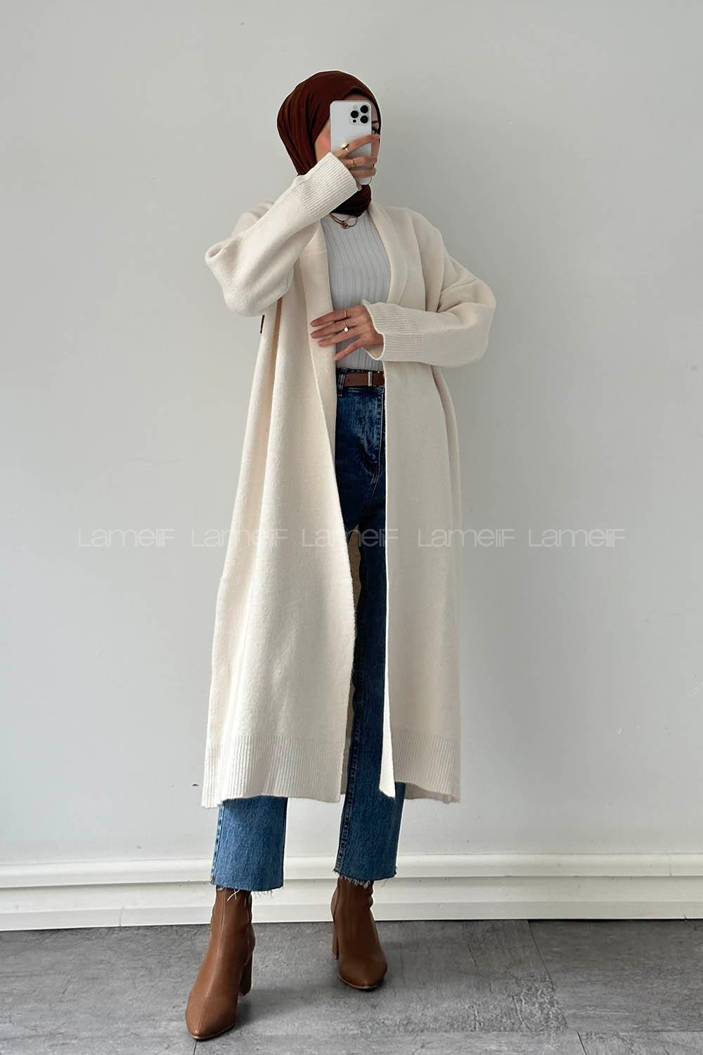 Natural Scarf Neck Long Arm Acrylic Knitwear Polyester Cardigan