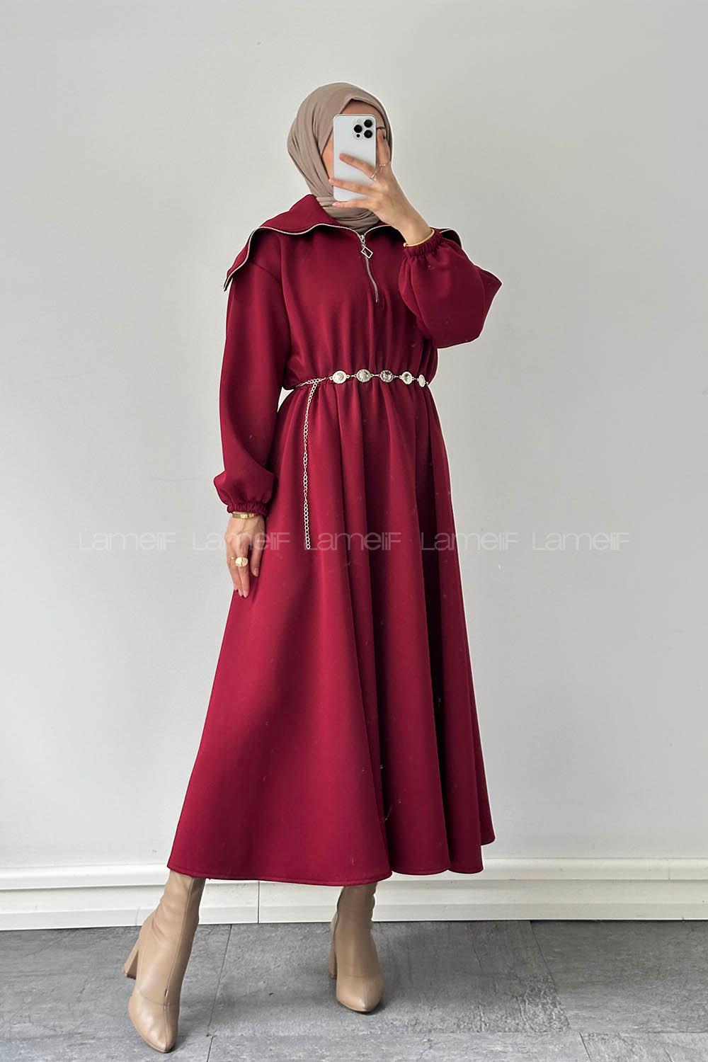 Lamelif Scuba Kemerli Elbise Bordo