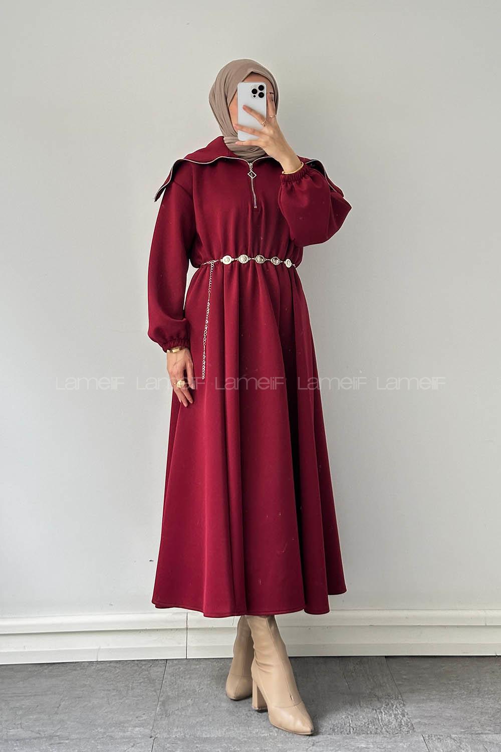 Lamelif Scuba Kemerli Elbise Bordo