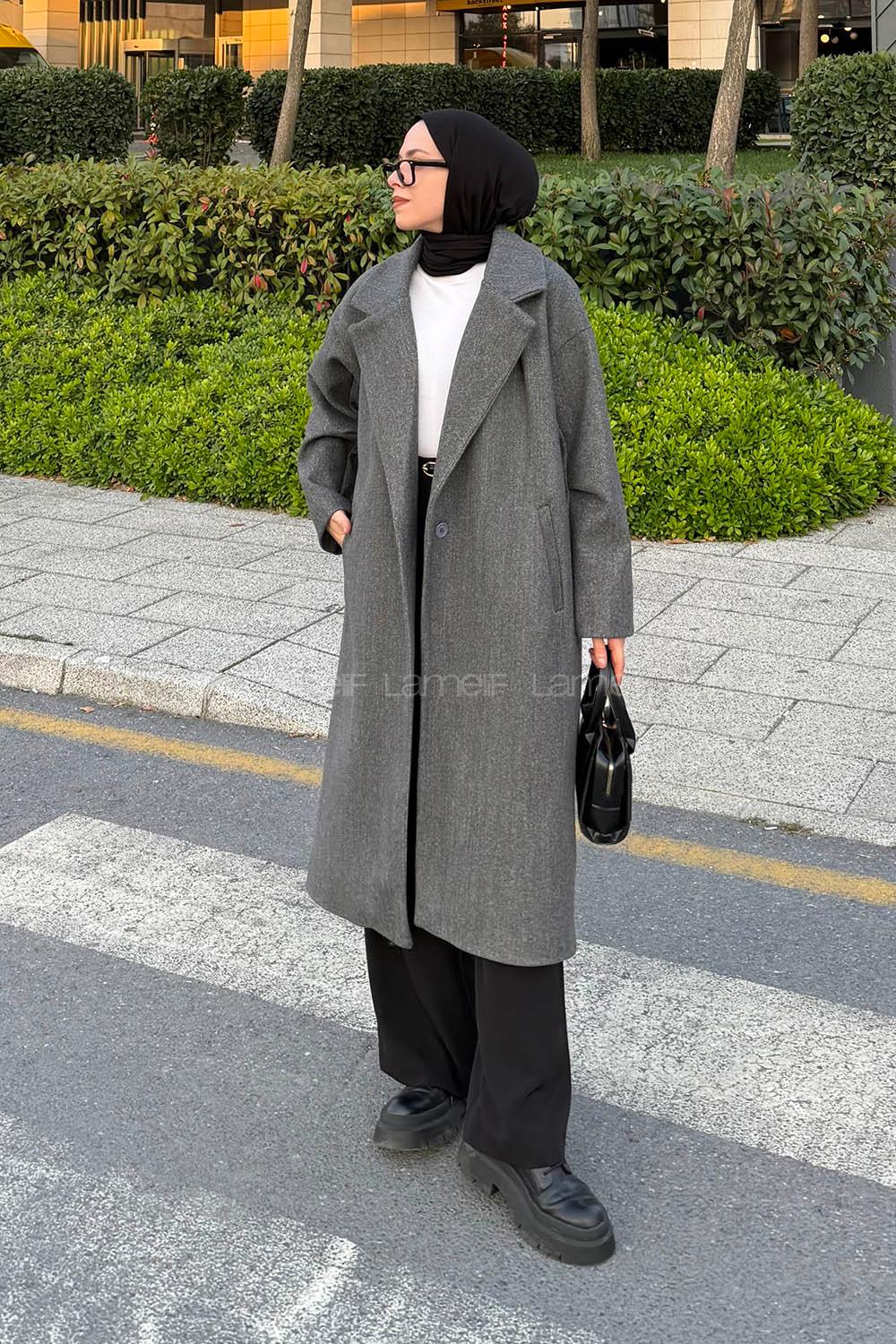 Lamelif Tek Düğmeli Kaşe Kaban Koyu Gri