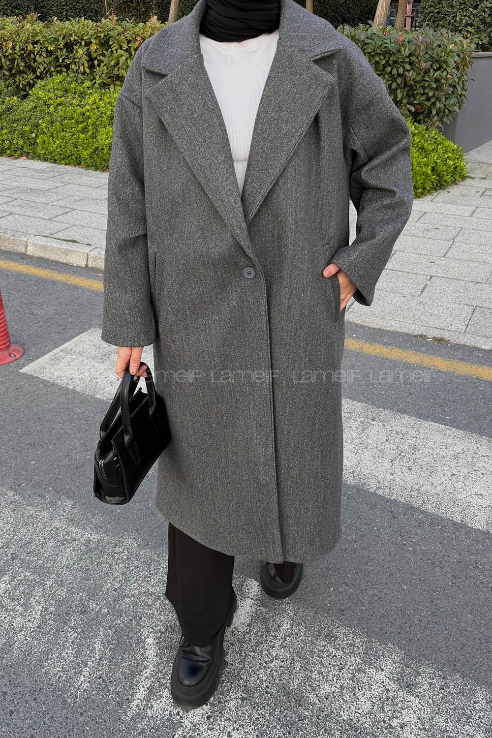 Lamelif Tek Düğmeli Kaşe Kaban Koyu Gri