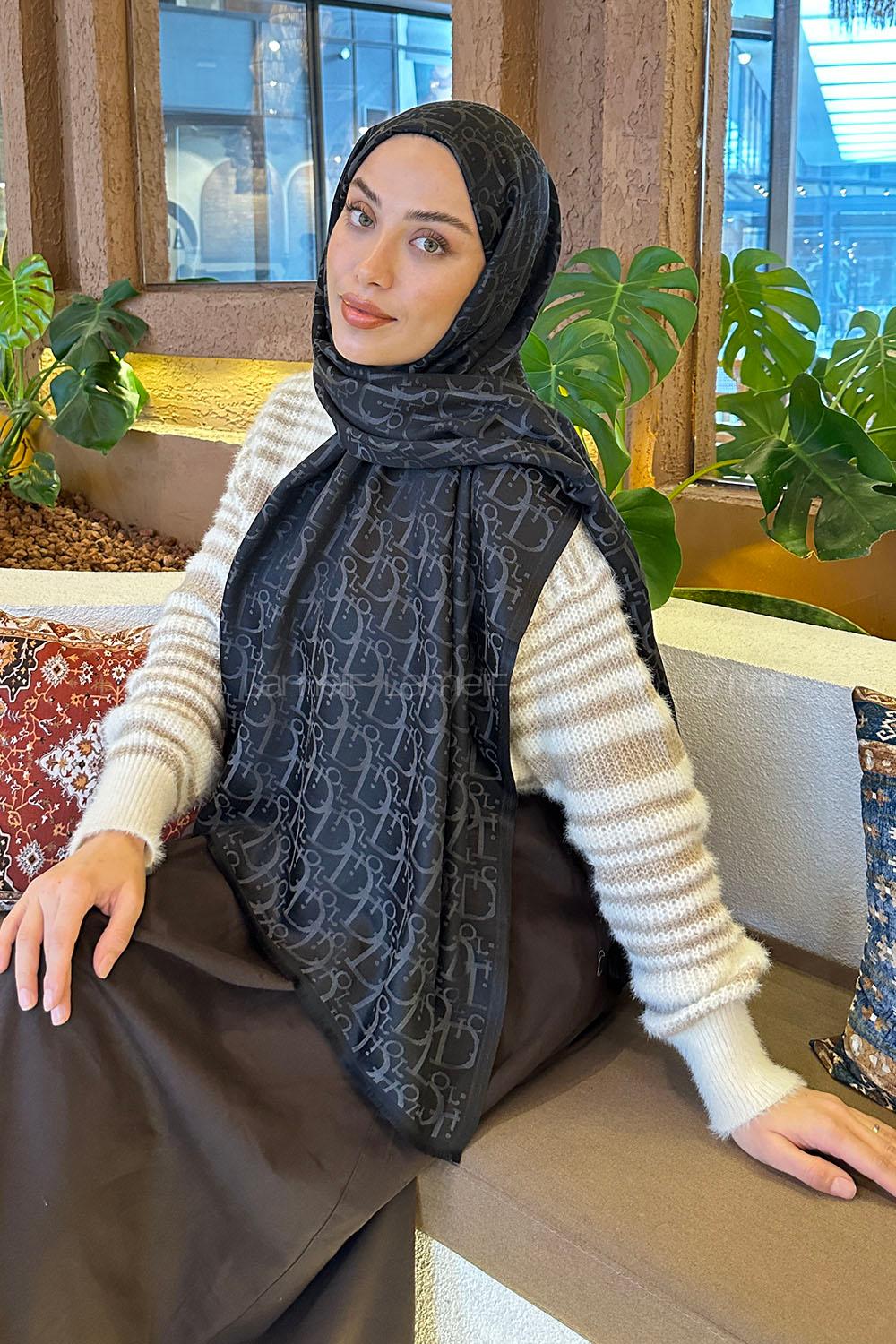 Lamelif Dior Desen Kaşmir Çift Taraflı Şal Antrasit