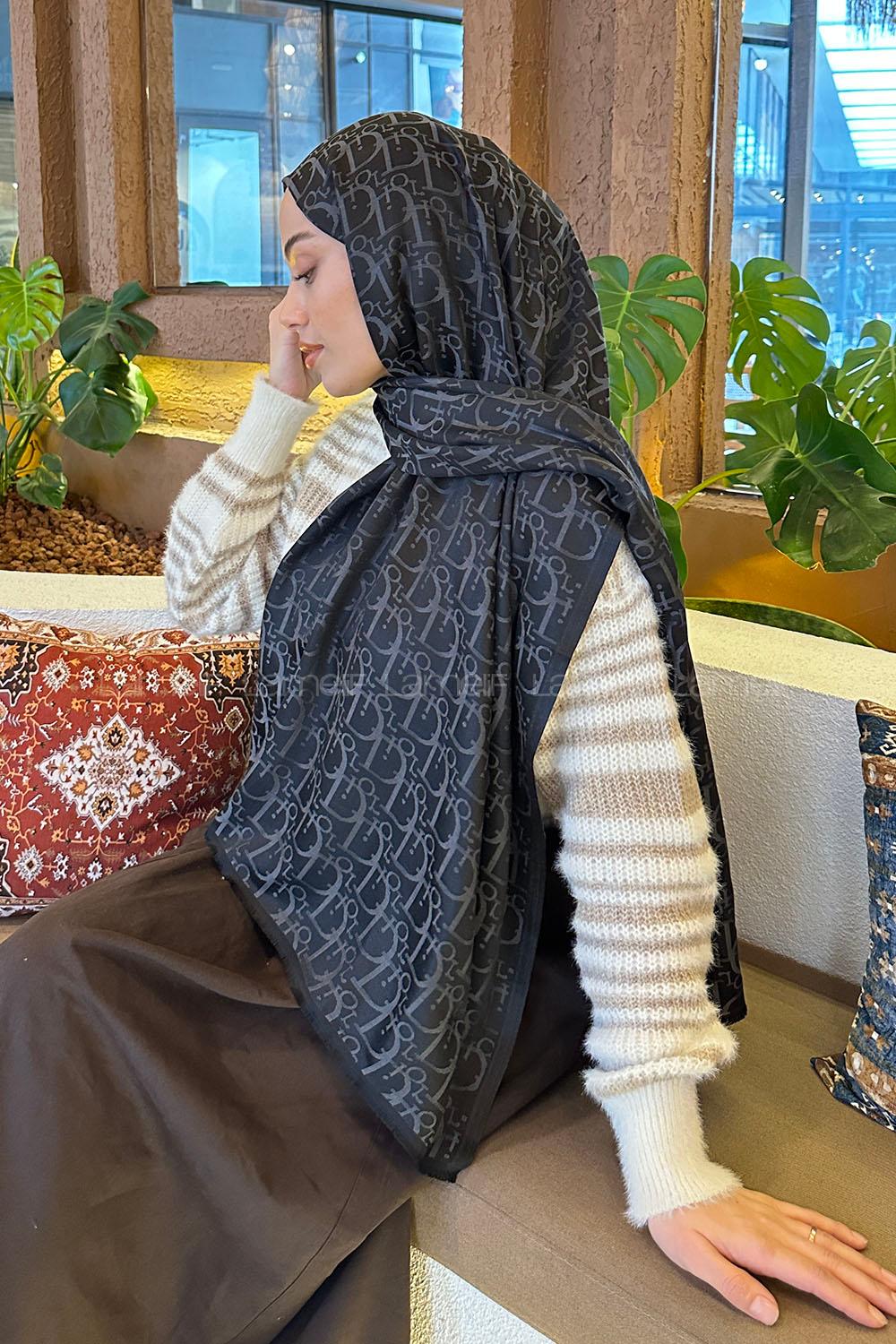 Lamelif Dior Desen Kaşmir Çift Taraflı Şal Antrasit