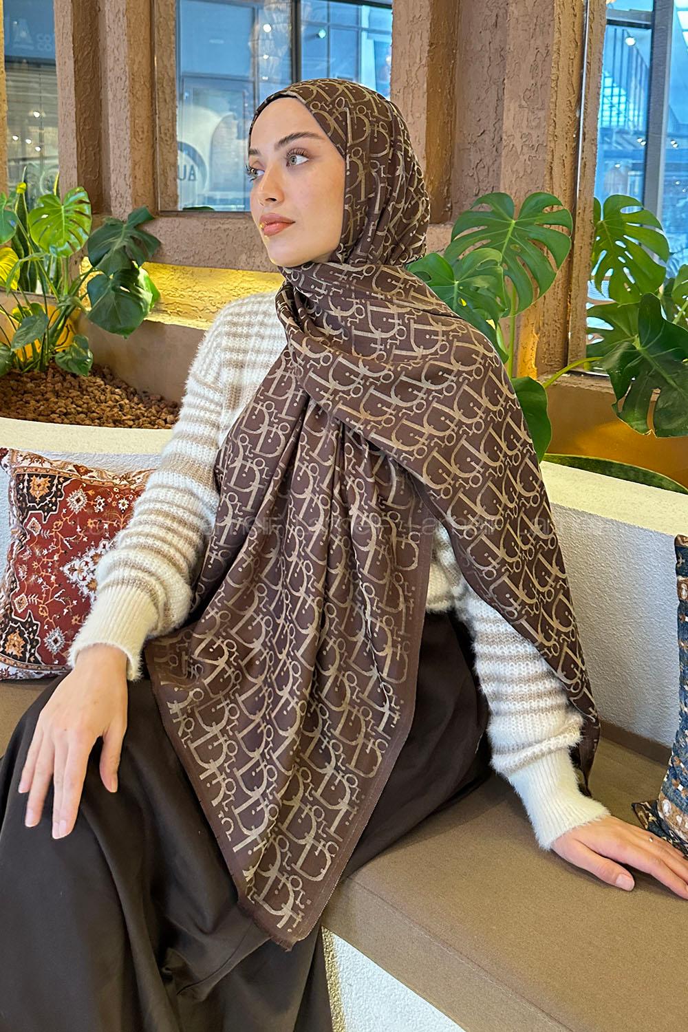 Lamelif Dior Desen Kaşmir Çift Taraflı Şal Kahverengi