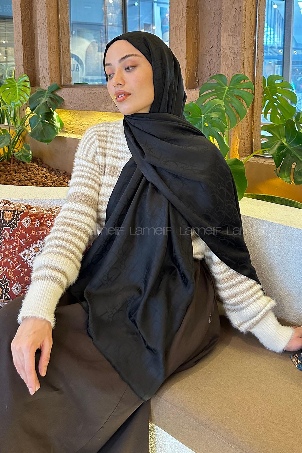 Lamelif Dior Desen Kaşmir Çift Taraflı Şal Siyah