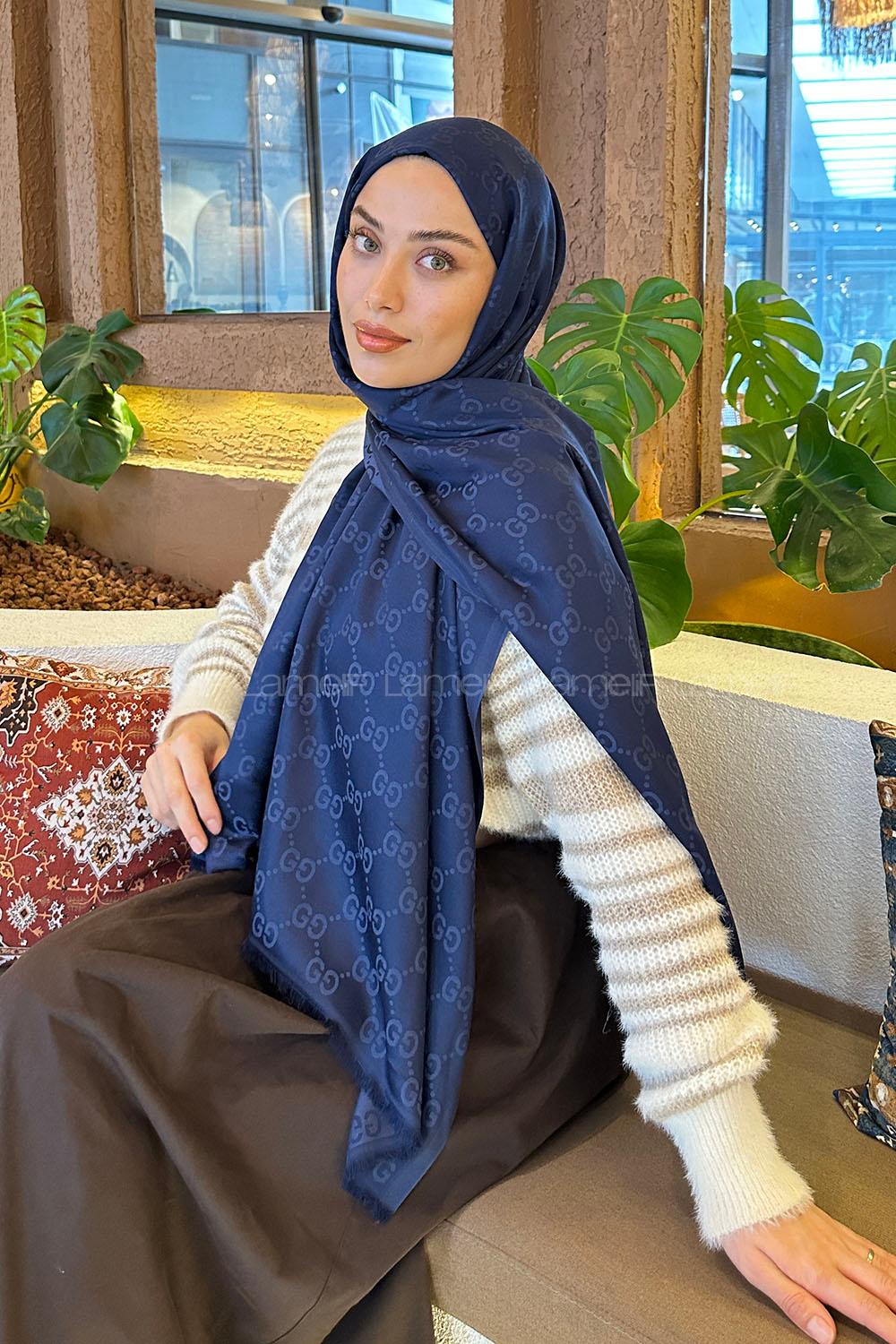 Lamelif G Desen Kaşmir Çift Taraflı Şal Lacivert