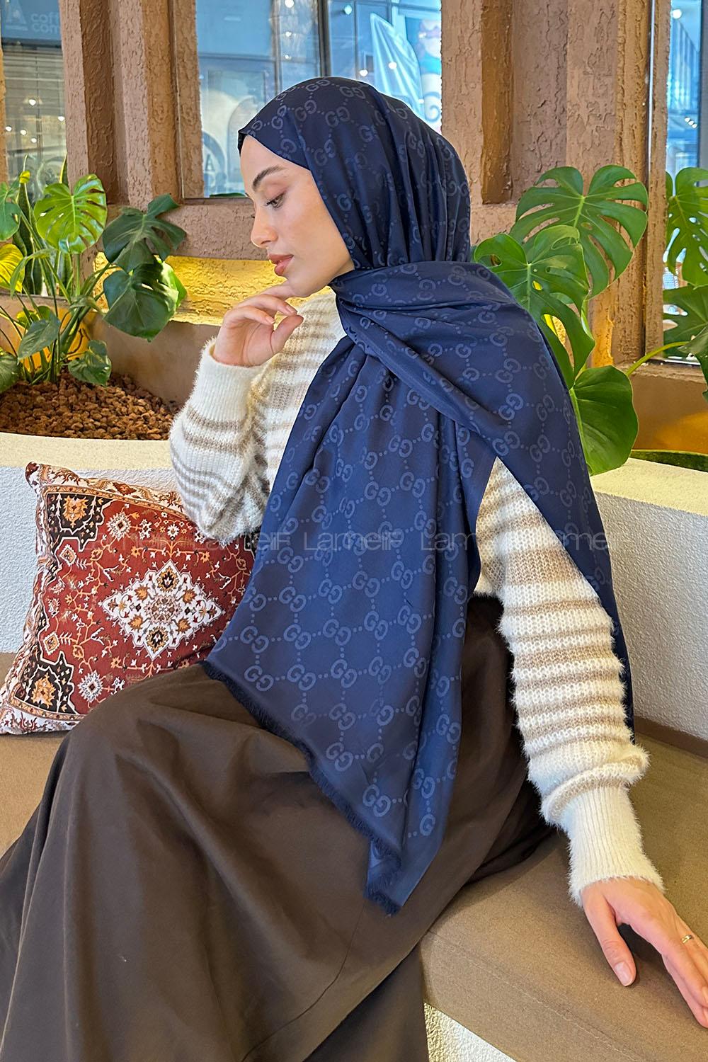 Lamelif G Desen Kaşmir Çift Taraflı Şal Lacivert