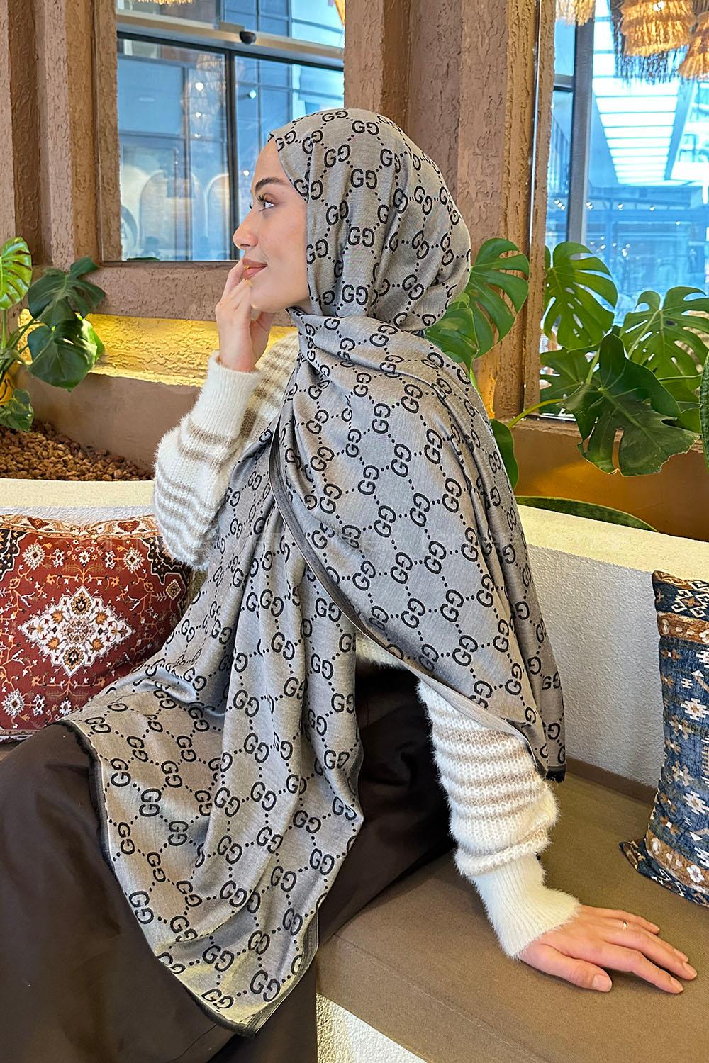 Lamelif G Desen Kaşmir Çift Taraflı Şal Siyah Gri