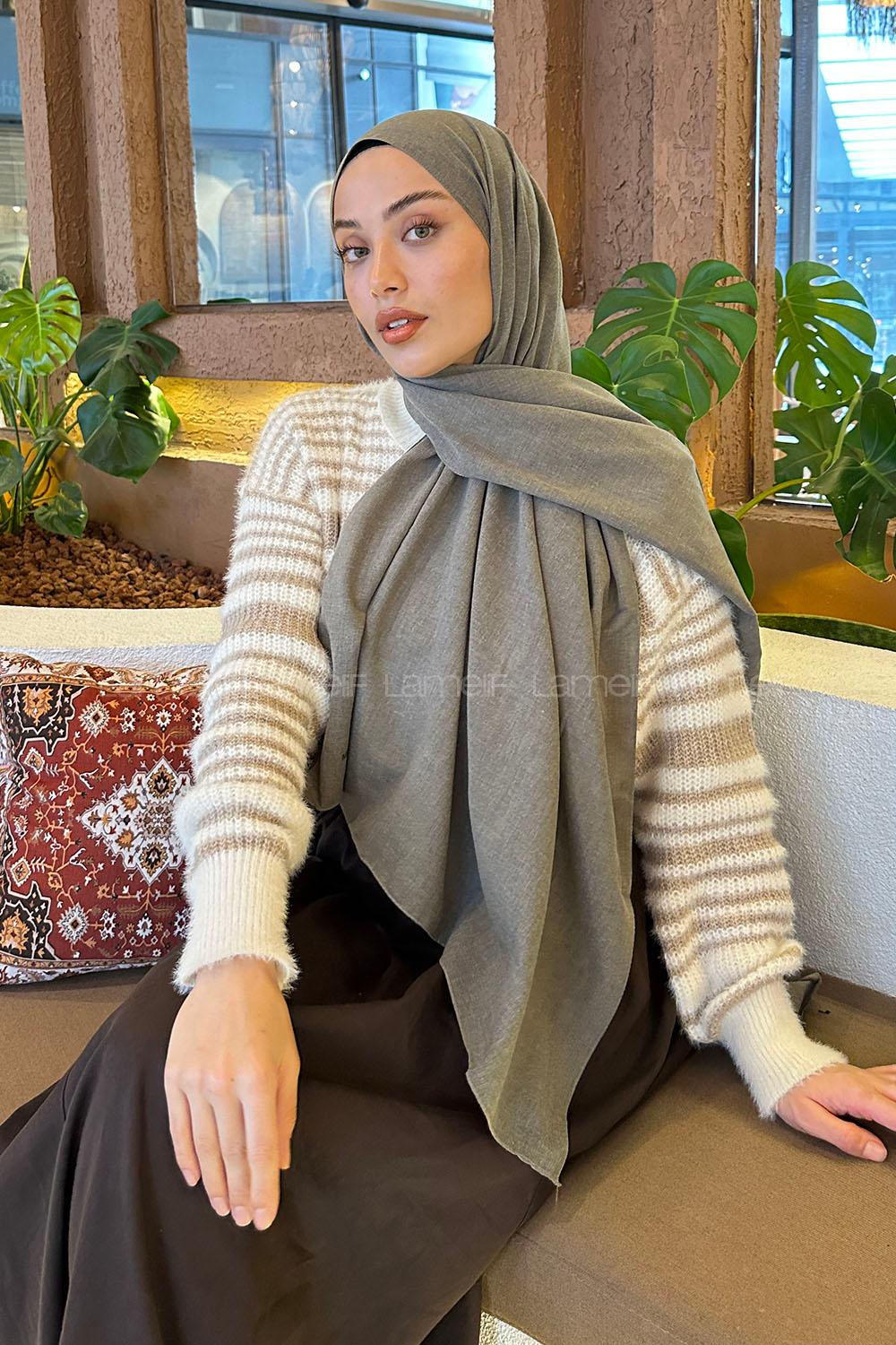 Lamelif Küf Yeşili Keten Şal