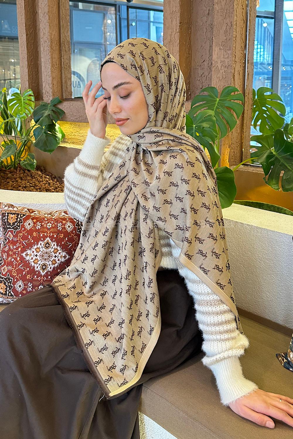 Lamelif YSL Desen Kaşmir Çift Taraflı Şal Acı Kahve