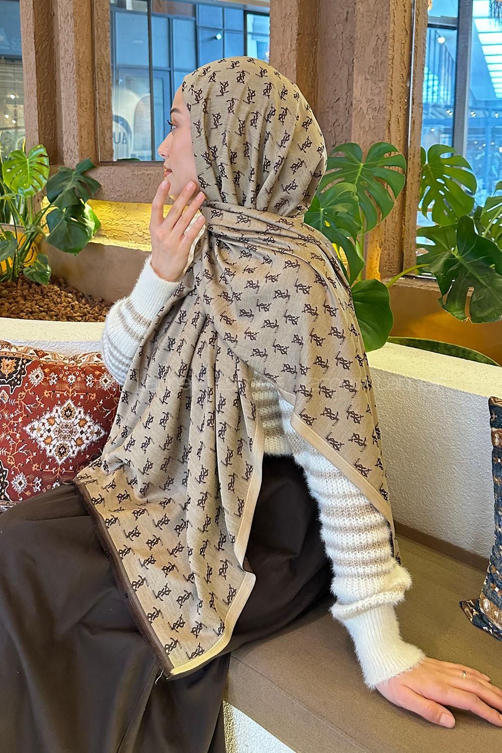 Lamelif YSL Desen Kaşmir Çift Taraflı Şal Acı Kahve