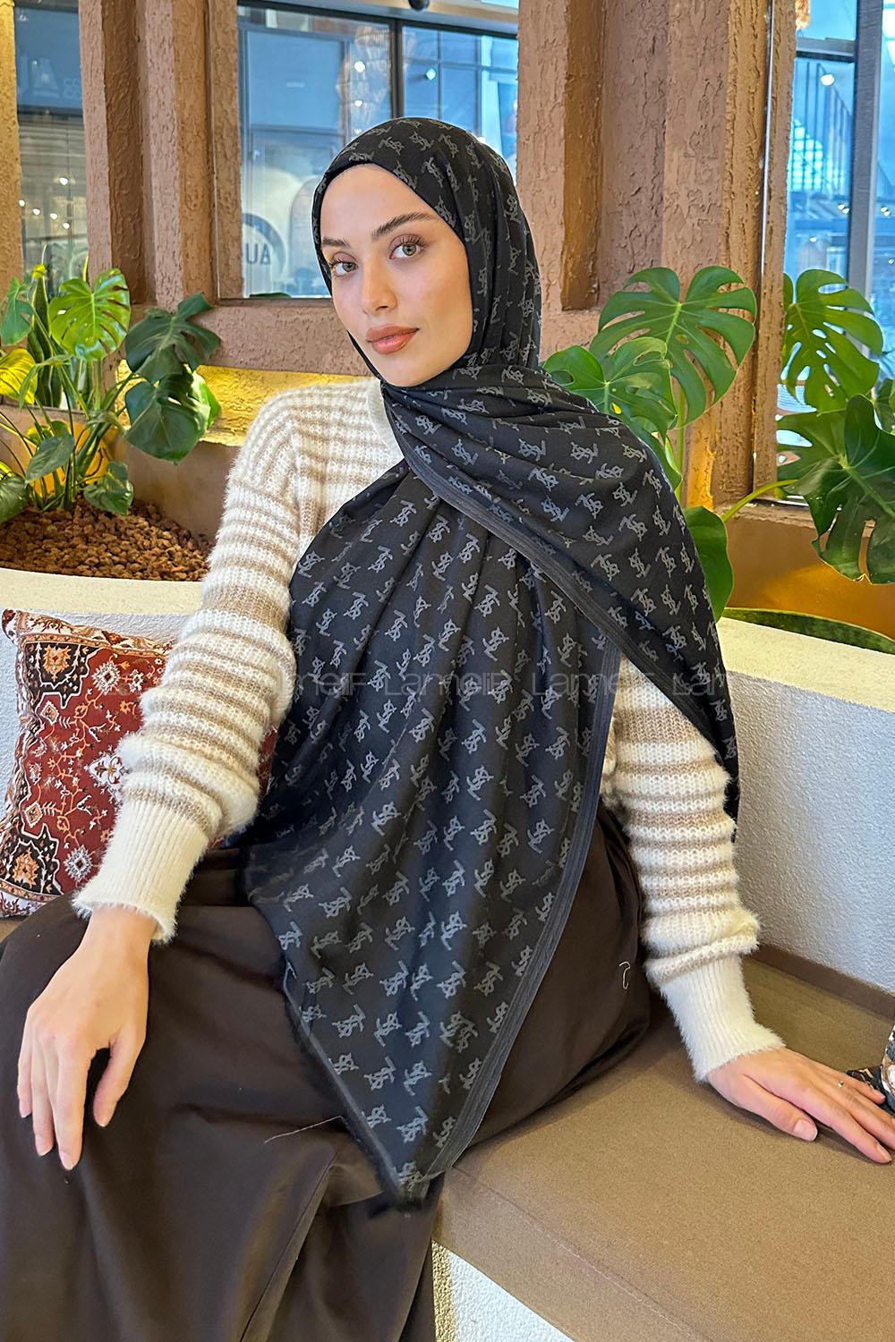 Lamelif YSL Desen Kaşmir Çift Taraflı Şal Siyah Antrasit