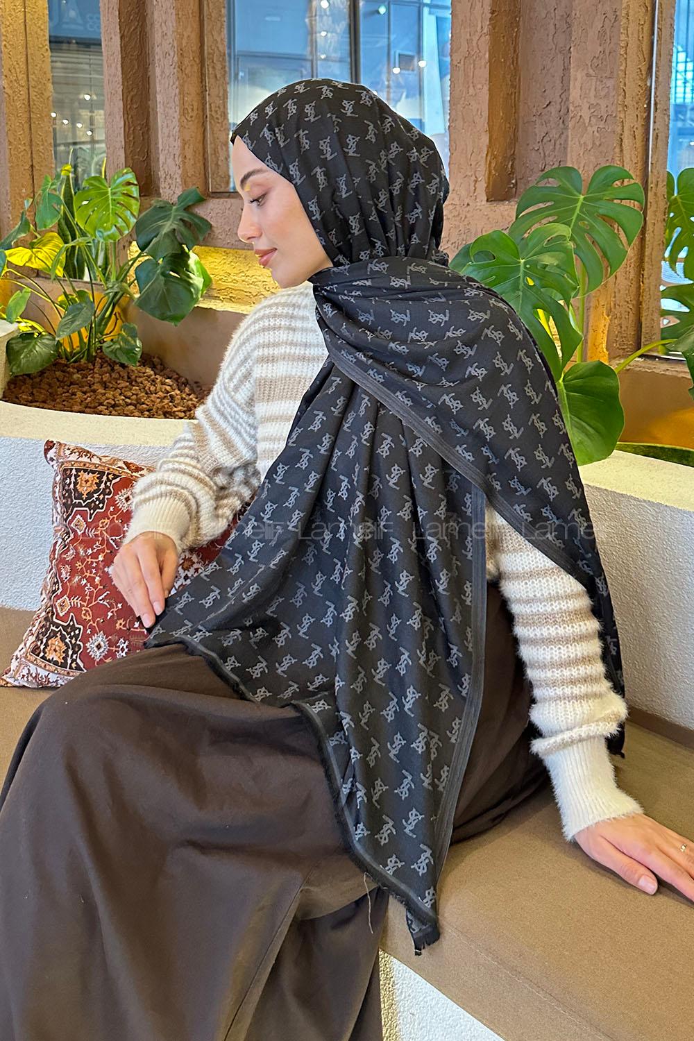 Lamelif YSL Desen Kaşmir Çift Taraflı Şal Siyah Antrasit