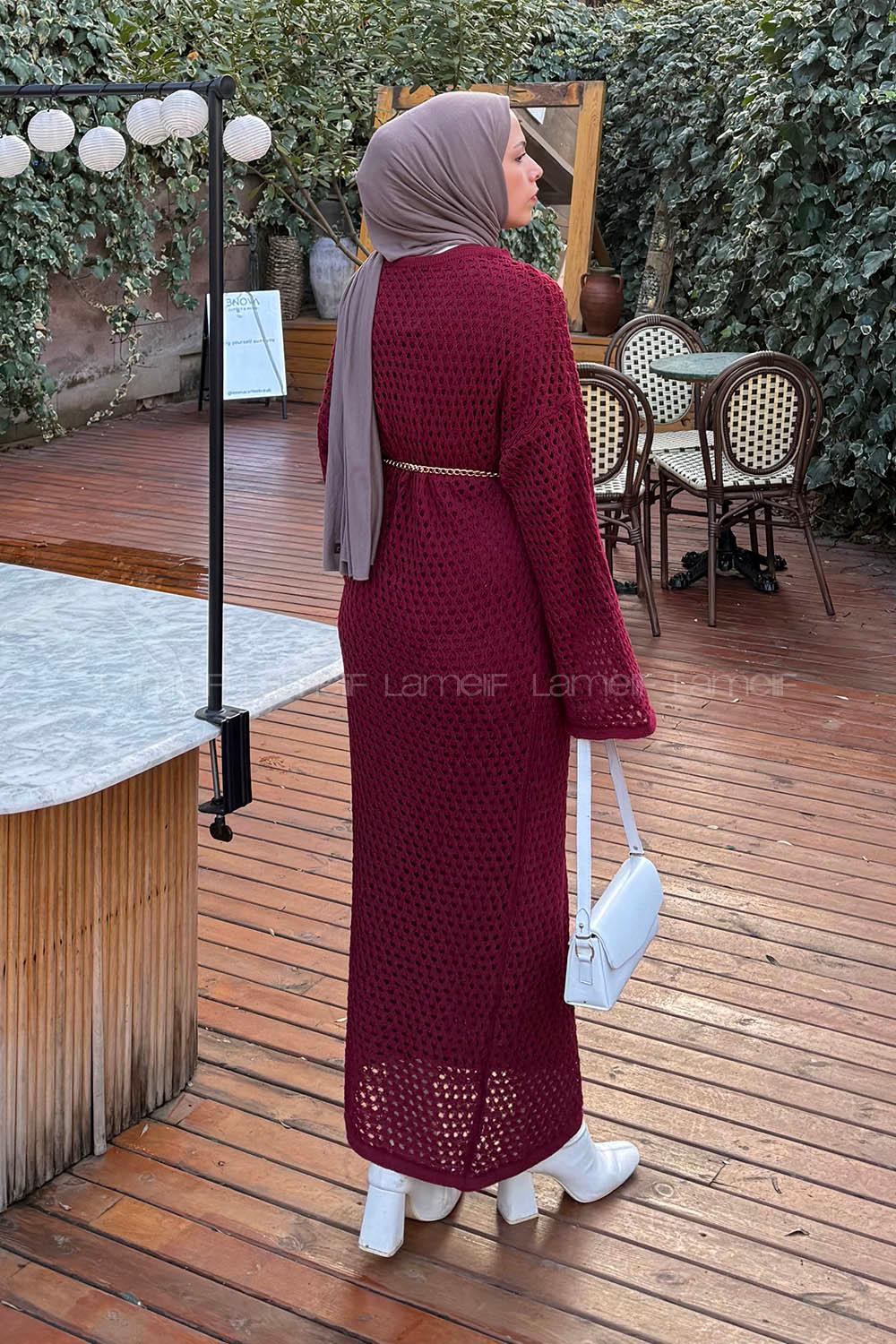 Lamelif Ajurlu Tesettür Elbise Bordo