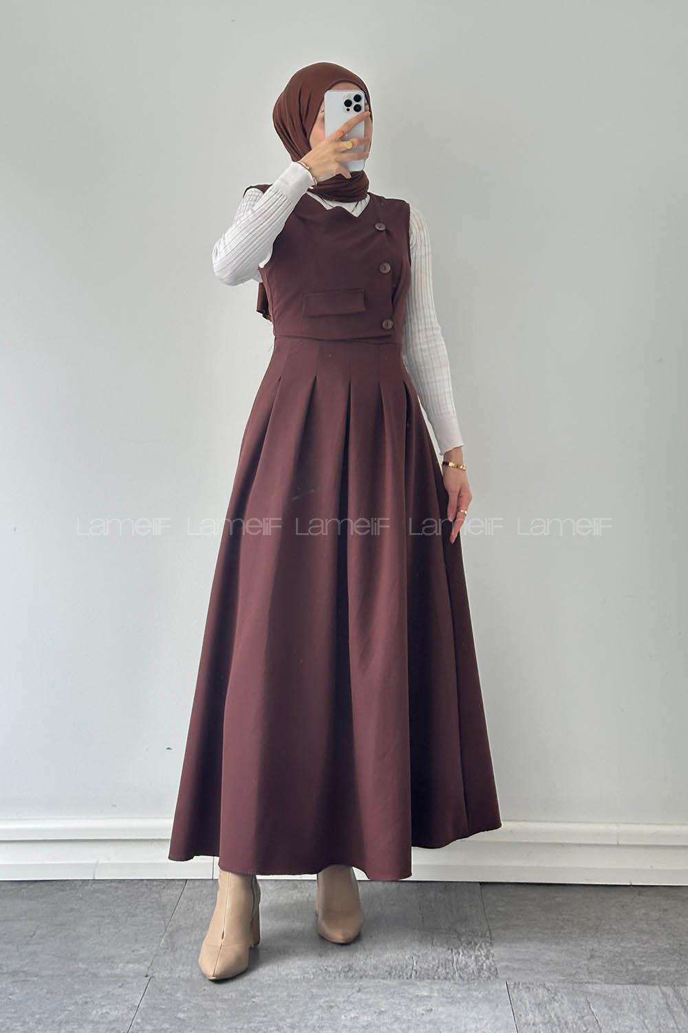 Lamelif Cep Detaylı Tesettür Elbise Acı Kahve