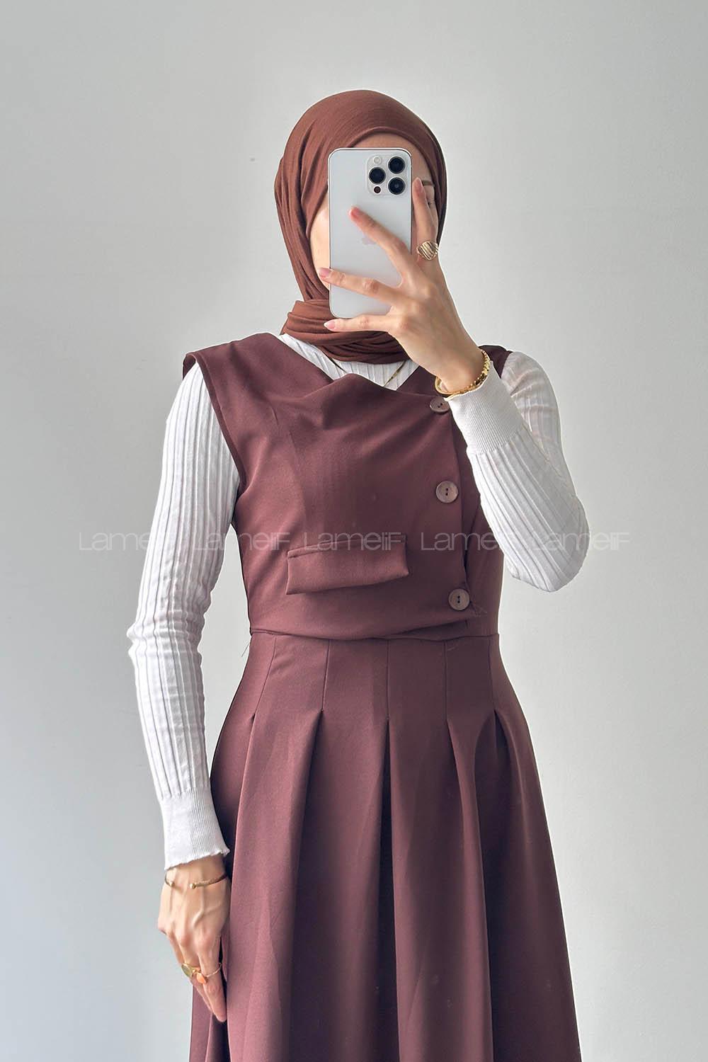 Lamelif Cep Detaylı Tesettür Elbise Acı Kahve