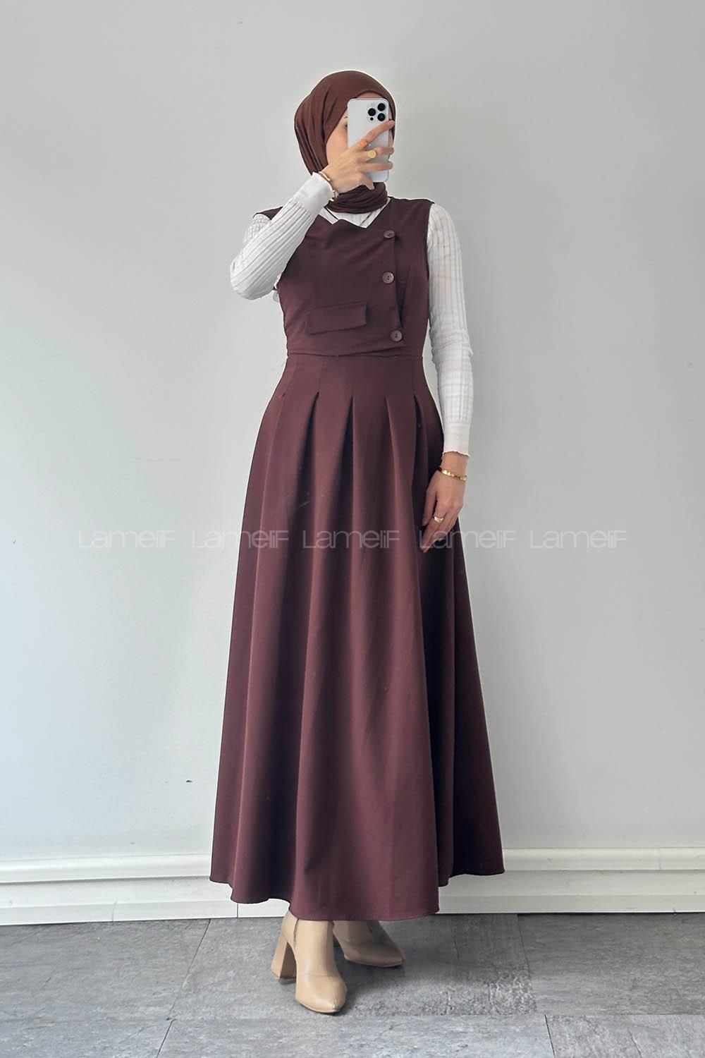 Lamelif Cep Detaylı Tesettür Elbise Acı Kahve