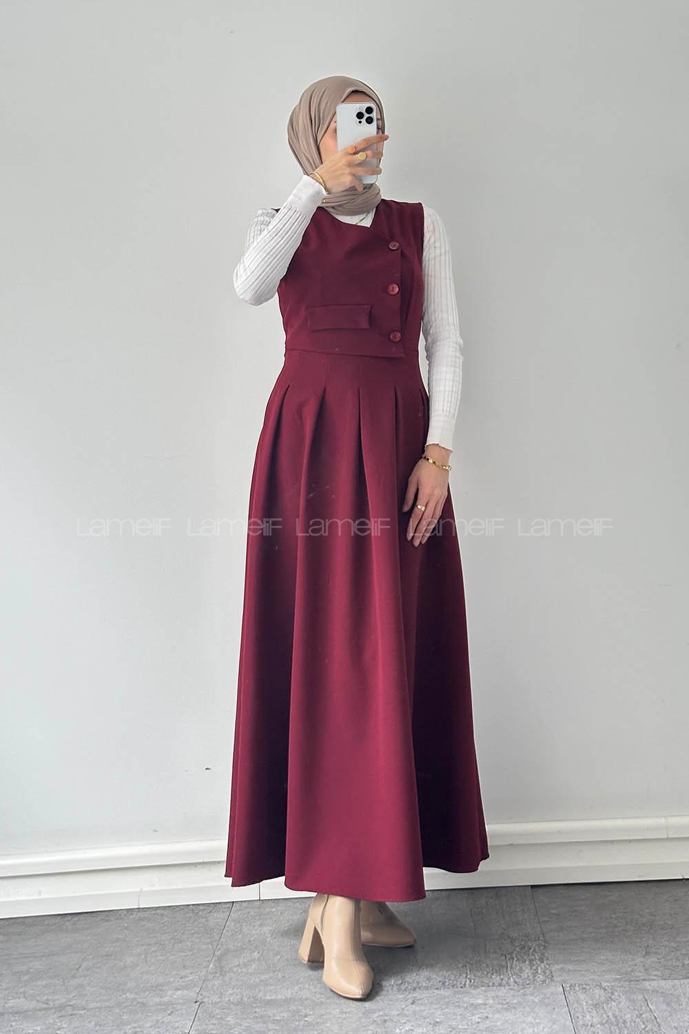 Lamelif Cep Detaylı Tesettür Elbise Bordo