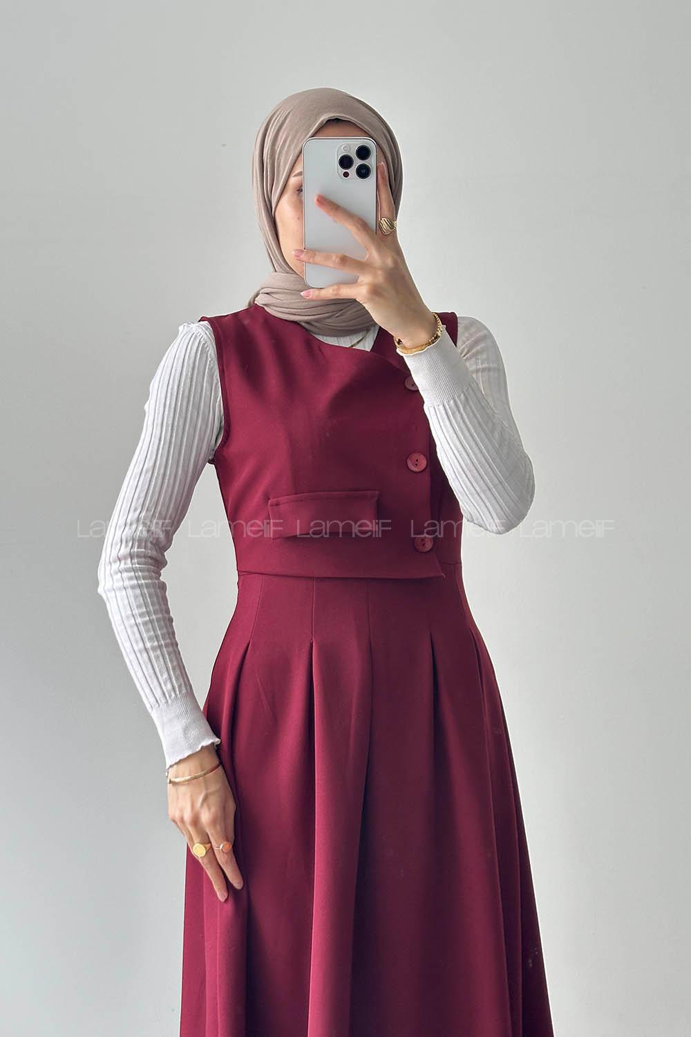 Lamelif Cep Detaylı Tesettür Elbise Bordo