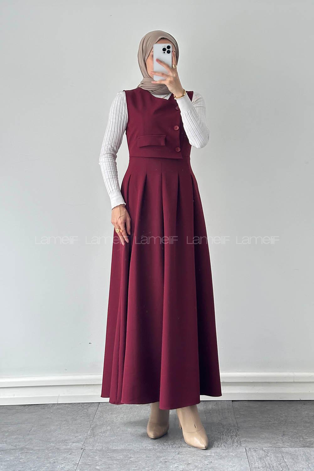 Lamelif Cep Detaylı Tesettür Elbise Bordo