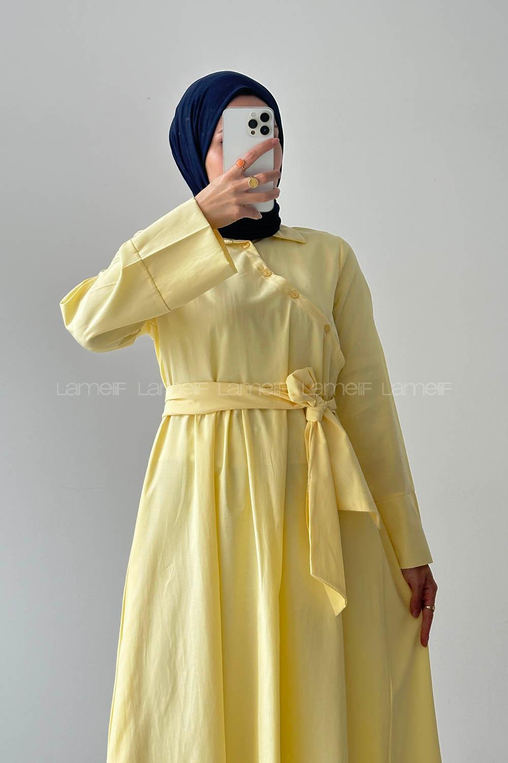 Lamelif Düğme Detaylı Tesettür Elbise Soft Sarı
