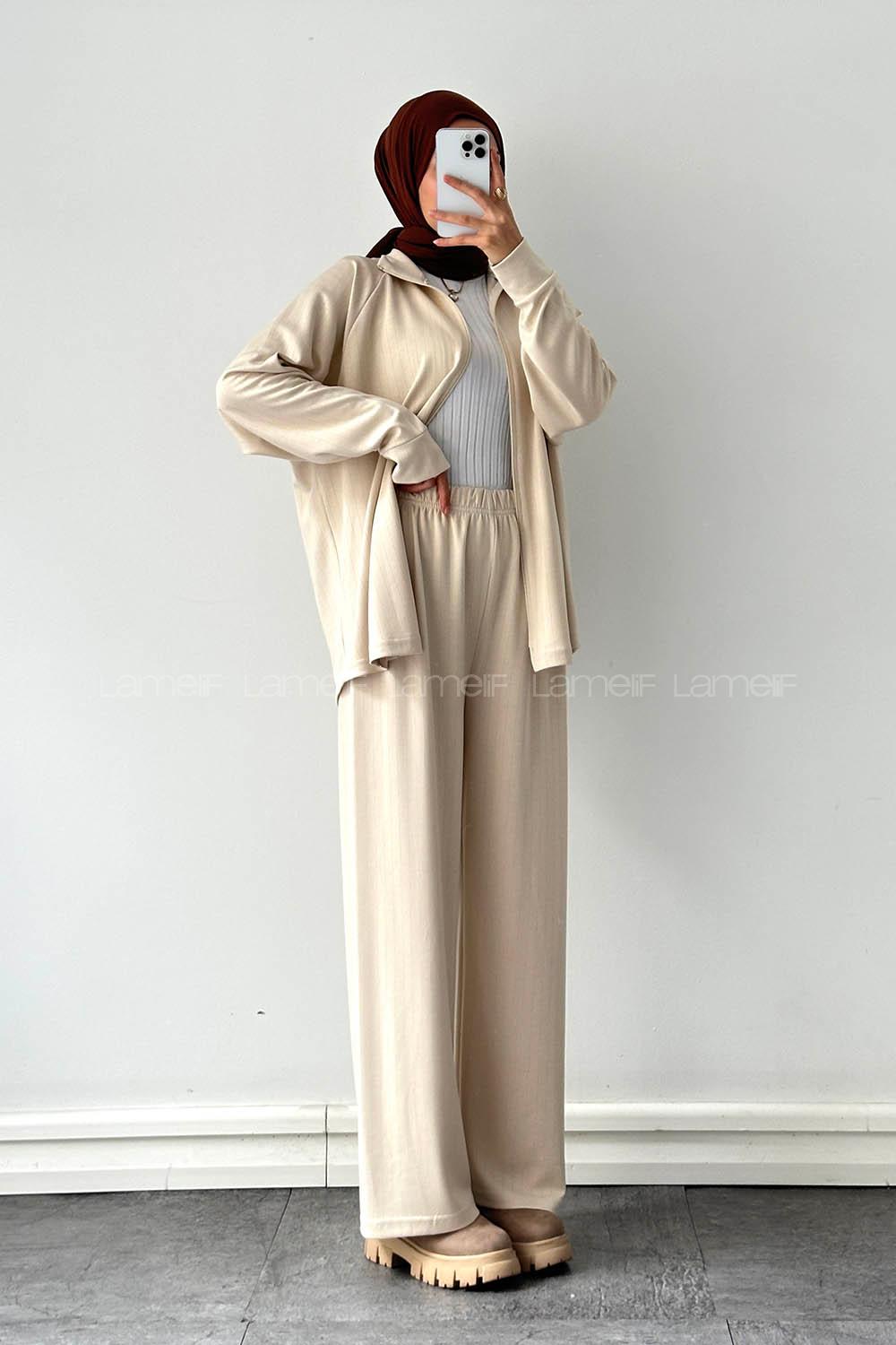 Cream Neckband Long Arm Cotton Lycra Regular Trousers Comfortable Suit