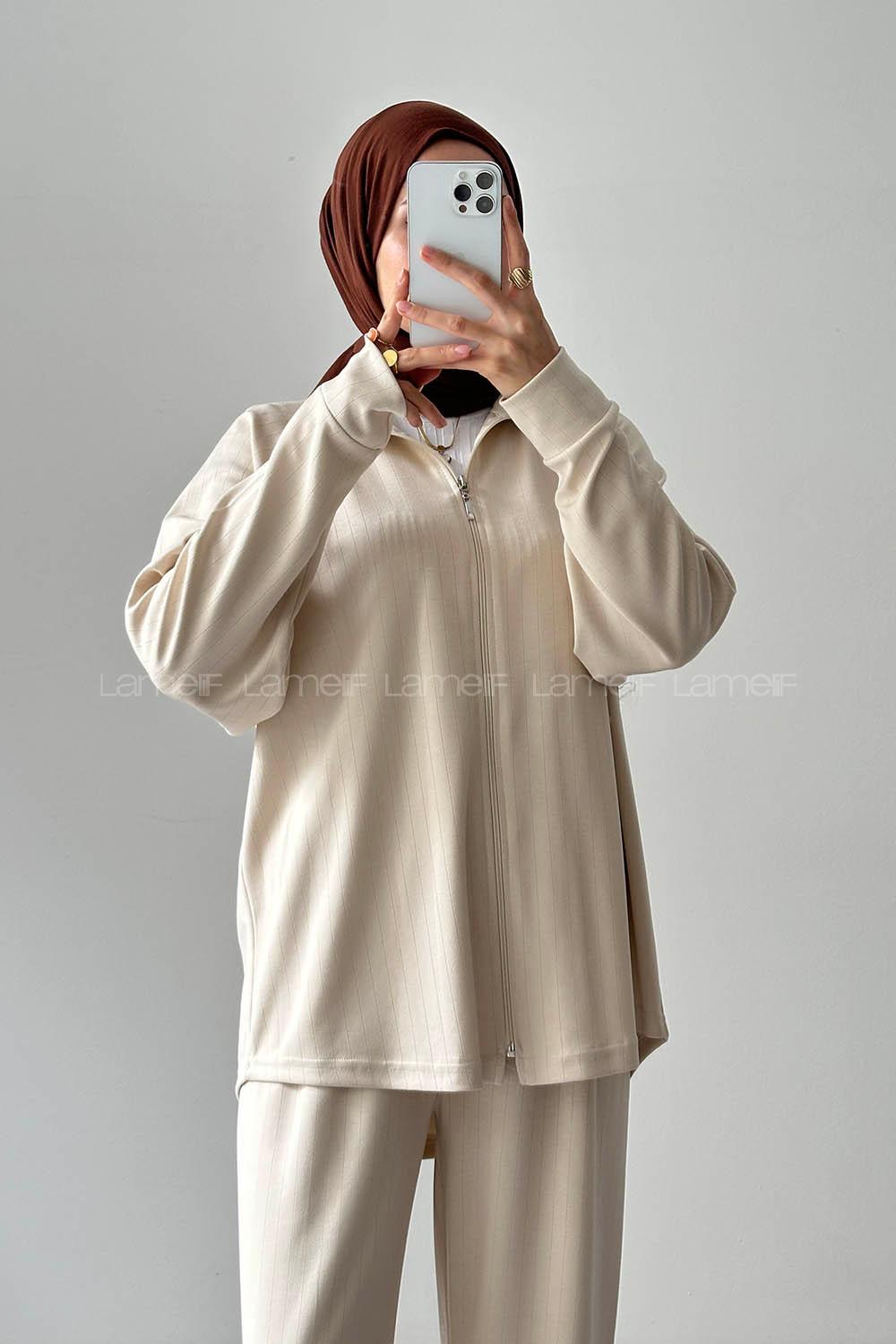 Cream Neckband Long Arm Cotton Lycra Regular Trousers Comfortable Suit