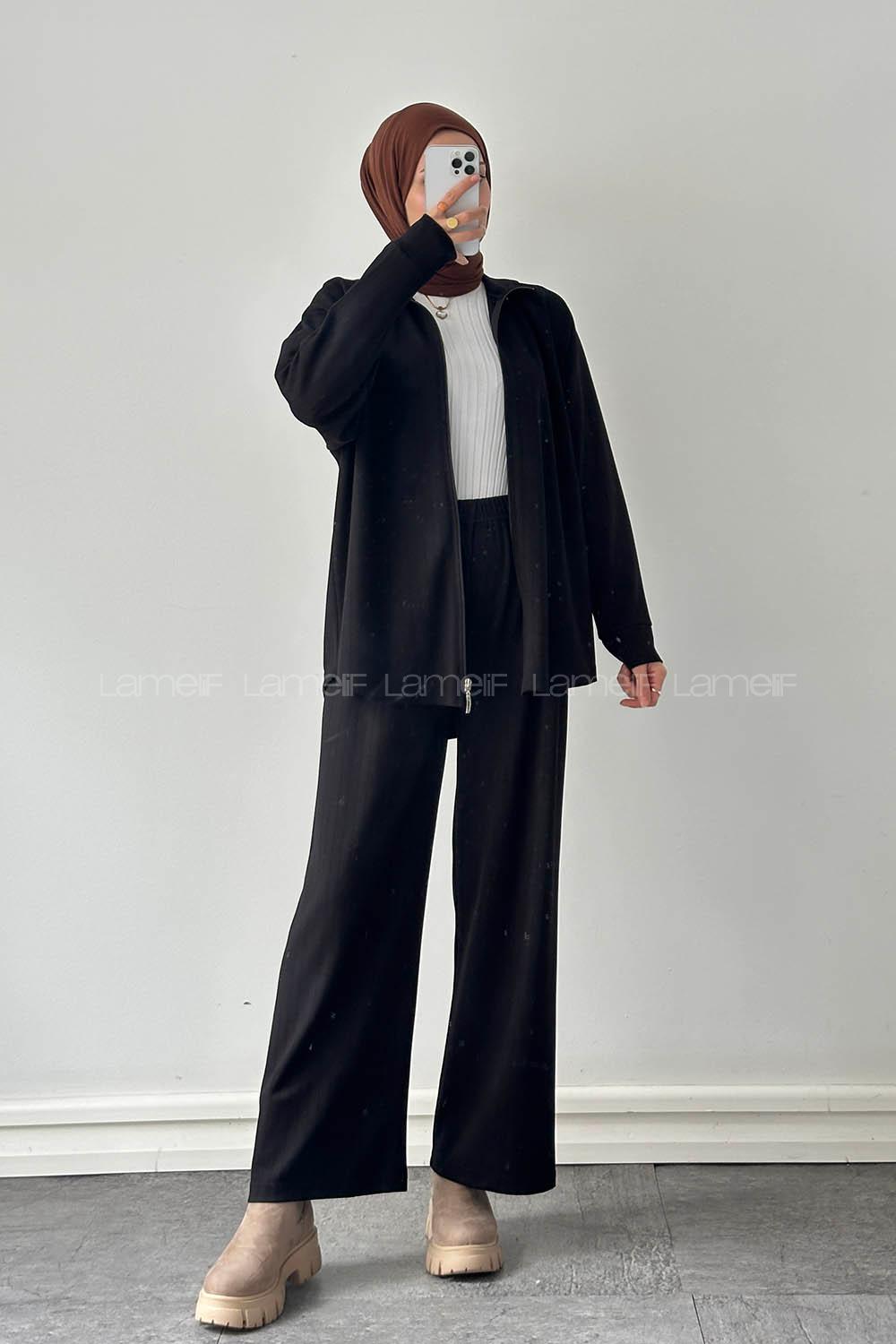 Black Neckband Long Arm Cotton Lycra Regular Trousers Comfortable Suit