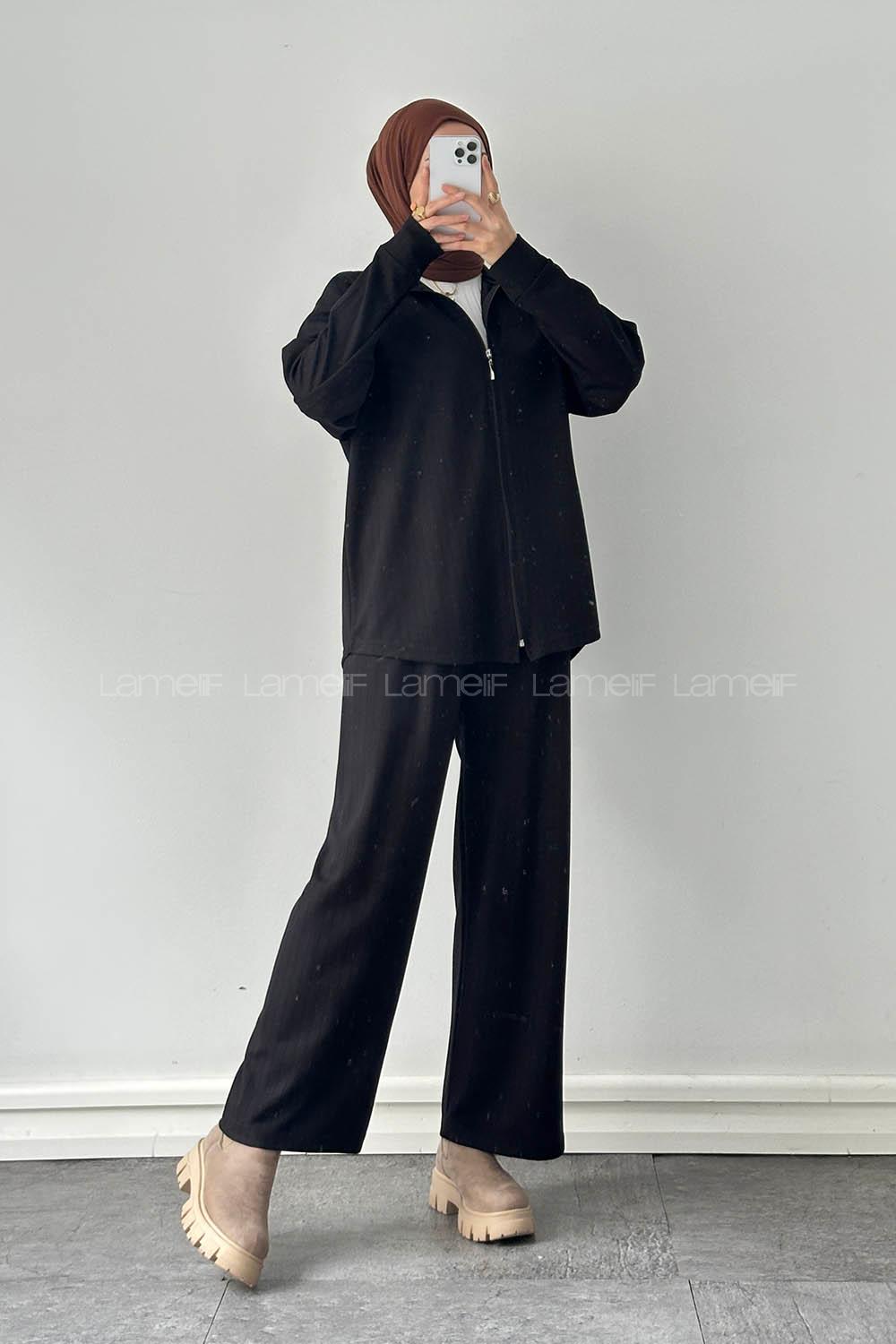 Black Neckband Long Arm Cotton Lycra Regular Trousers Comfortable Suit