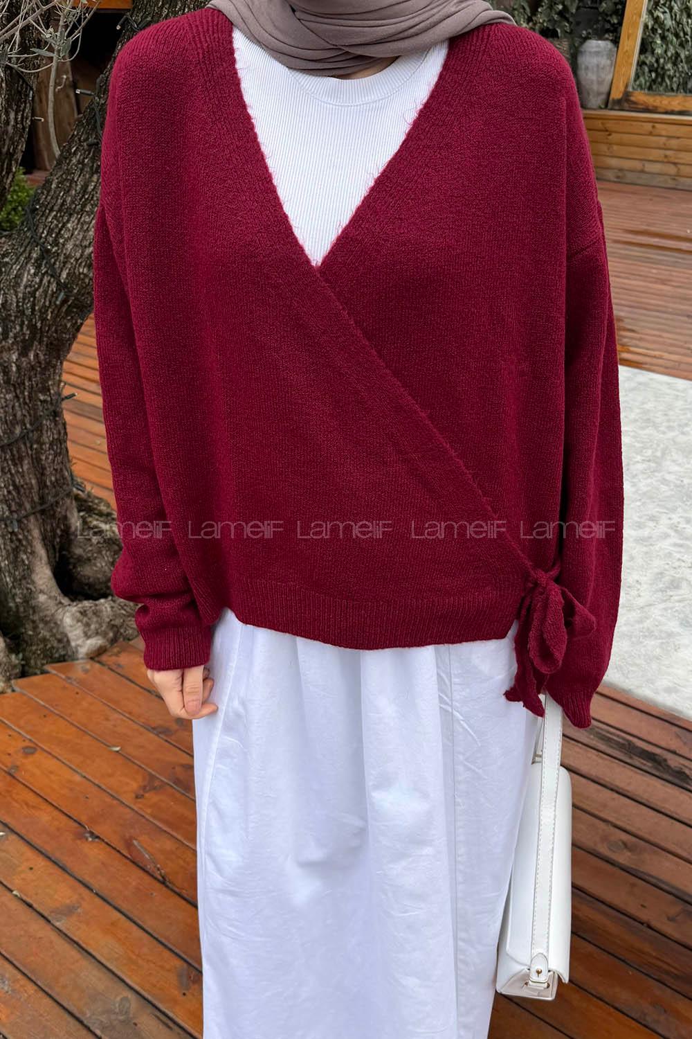 Lamelif Fiyonklu Triko Hırka Bordo