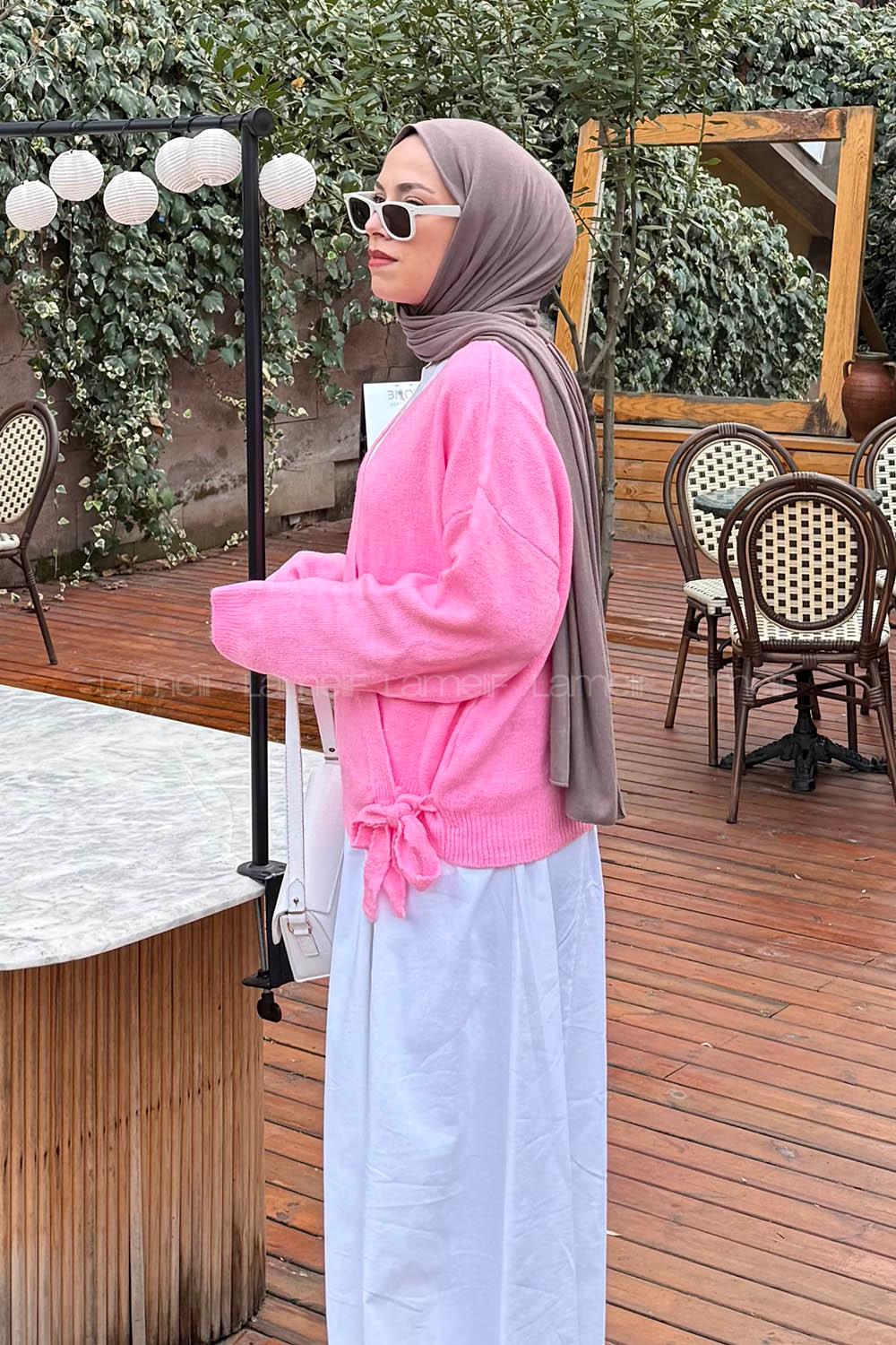 Pink V Neck Long Arm Acrylic Polyester Cardigan