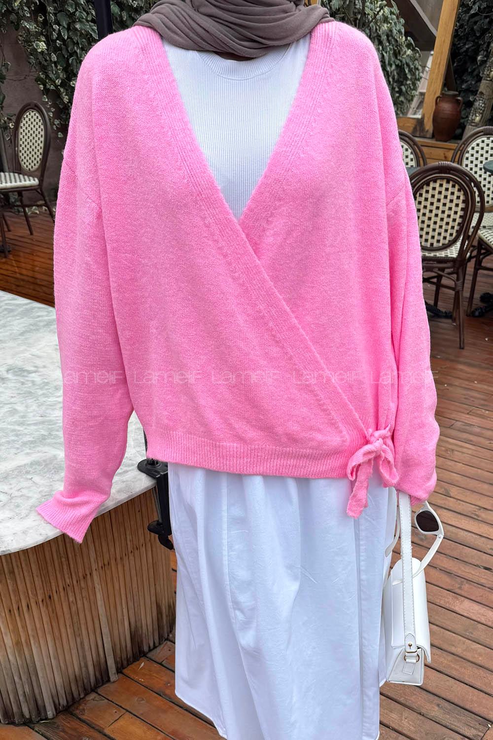 Pink V Neck Long Arm Acrylic Polyester Cardigan