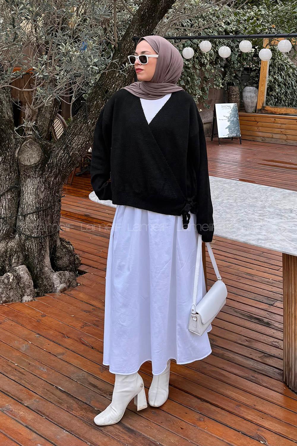 Lamelif Fiyonklu Triko Hırka Siyah