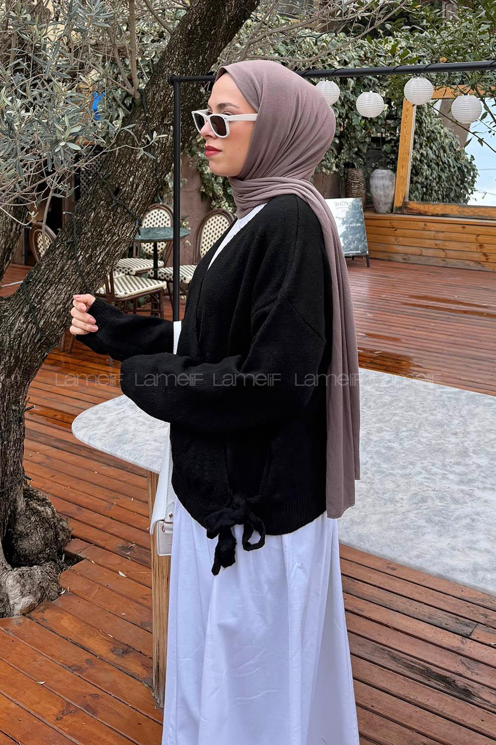 Lamelif Fiyonklu Triko Hırka Siyah