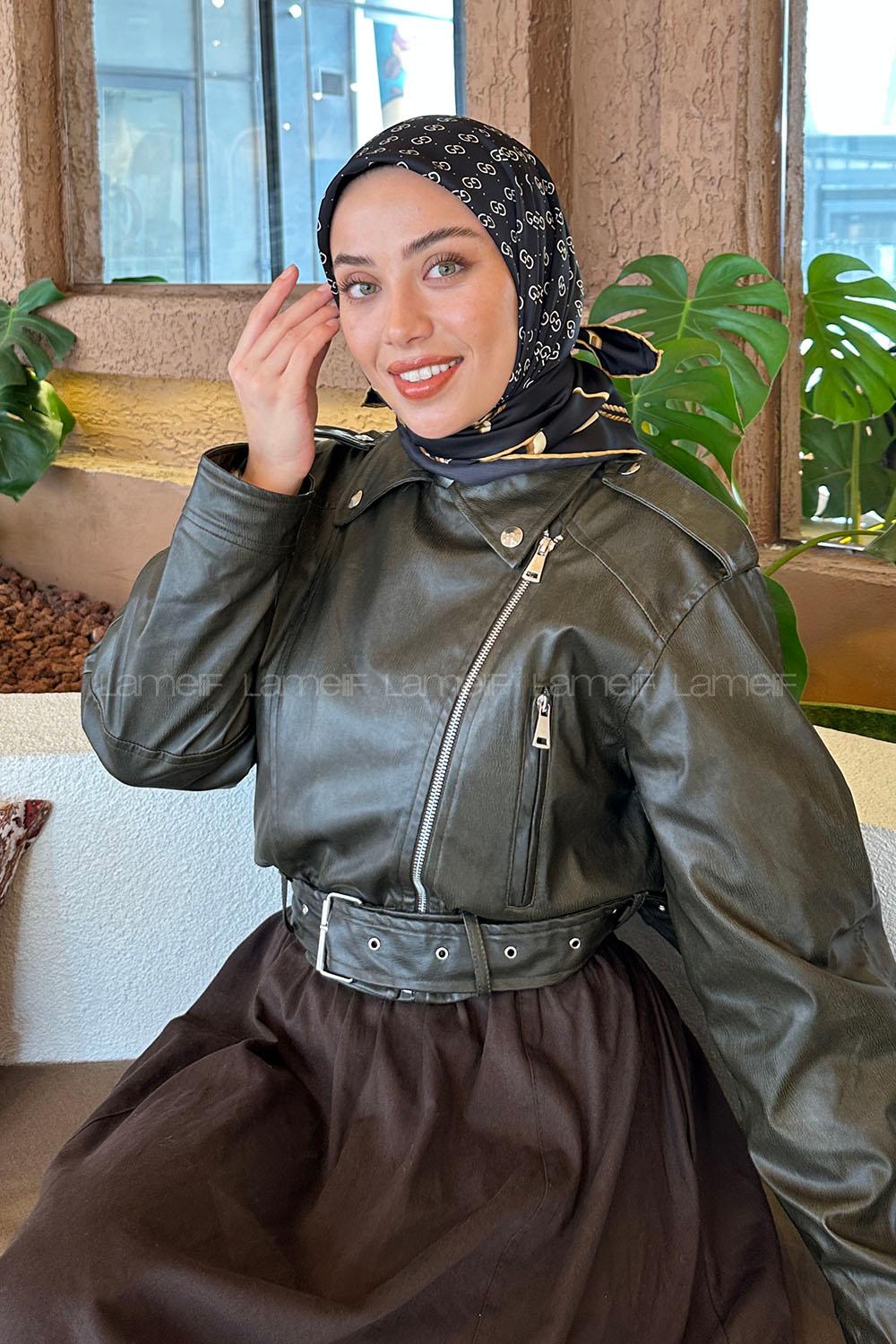 Lamelif G Desen Rayon Eşarp Siyah Camel